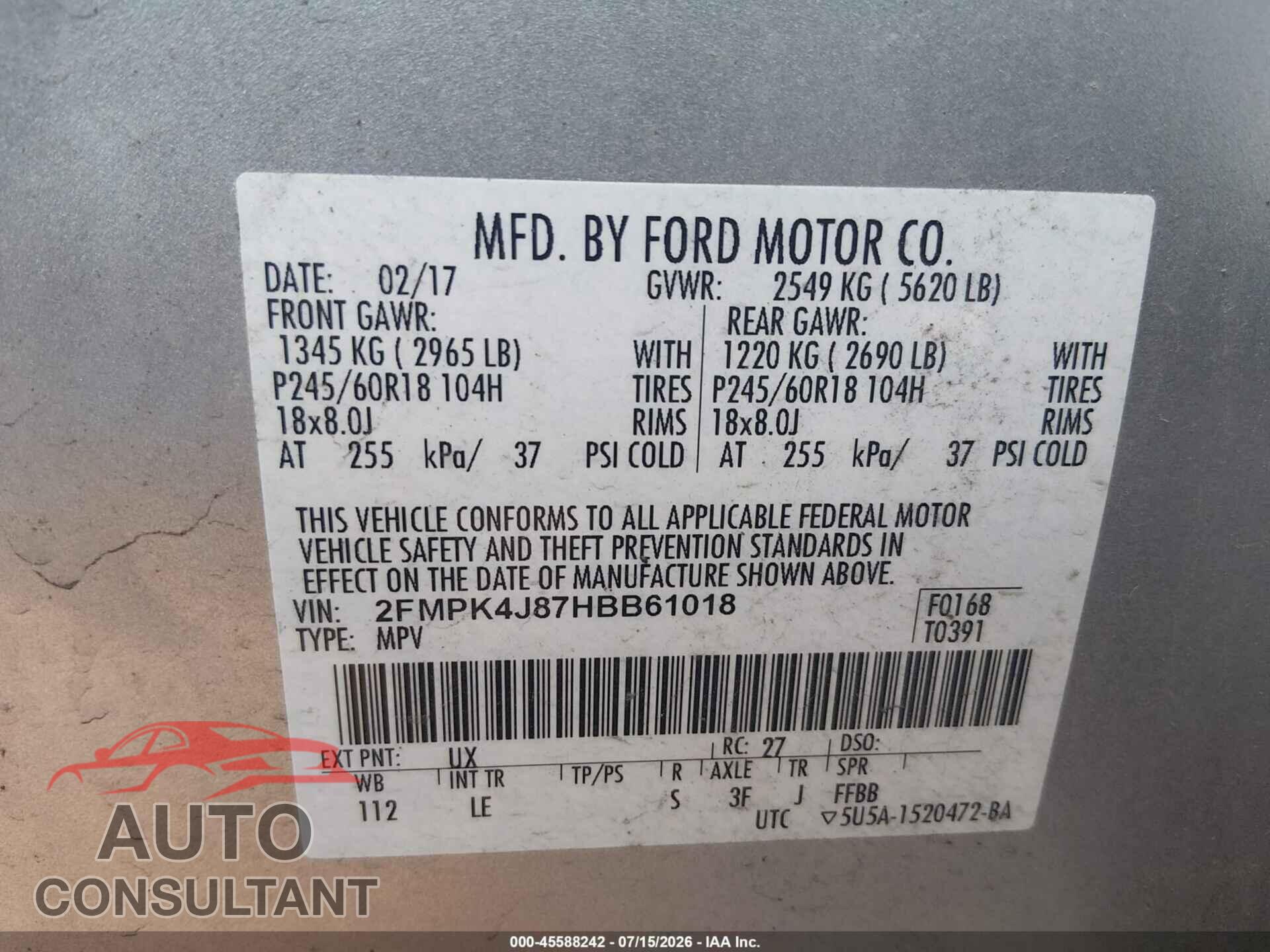 FORD EDGE 2017 - 2FMPK4J87HBB61018