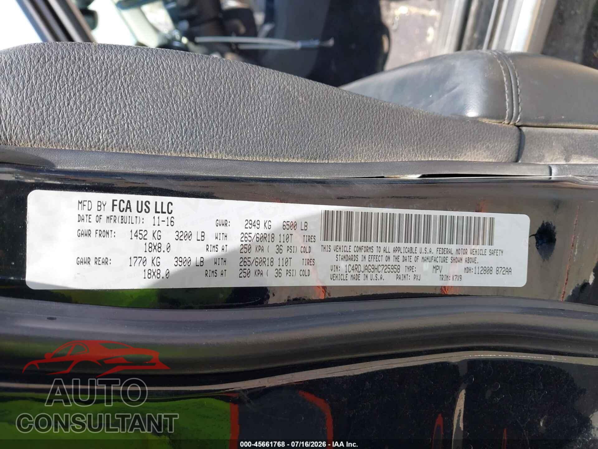 DODGE DURANGO 2017 - 1C4RDJAG9HC725958