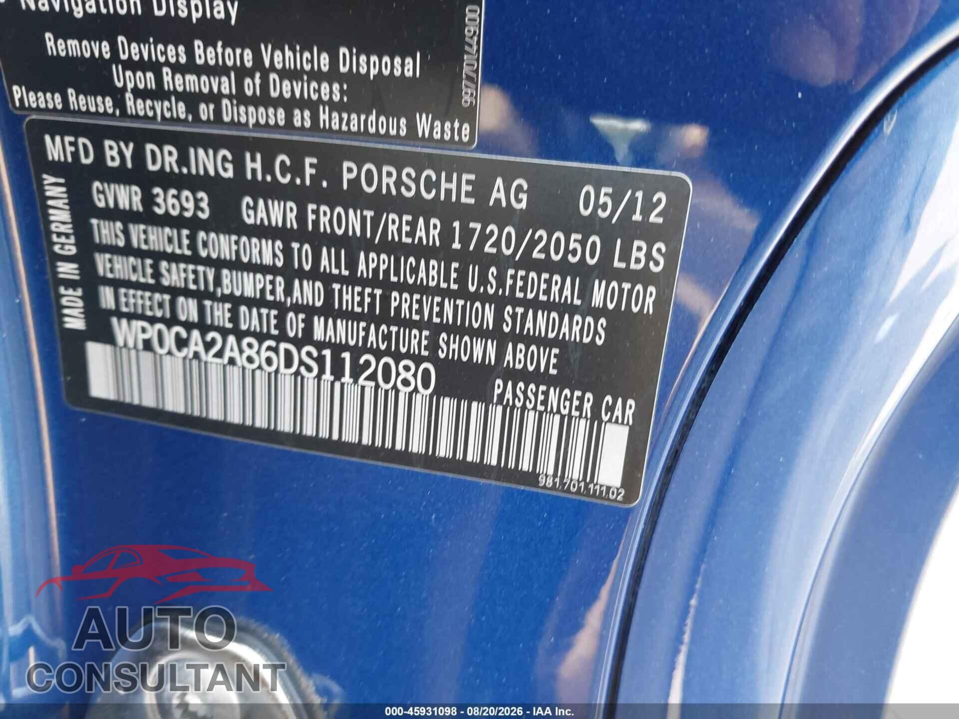 PORSCHE BOXSTER 2013 - WP0CA2A86DS112080