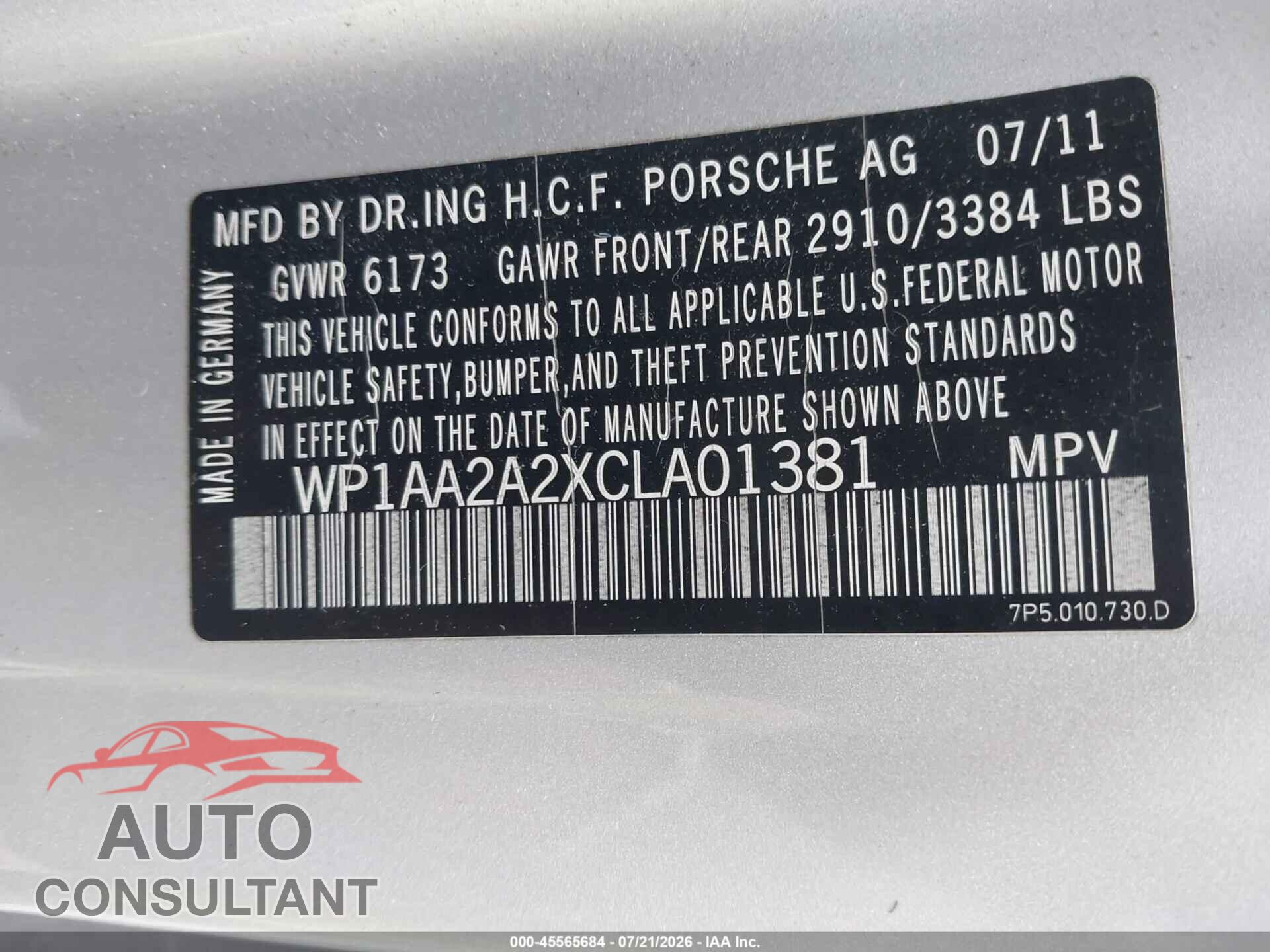 PORSCHE CAYENNE 2012 - WP1AA2A2XCLA01381