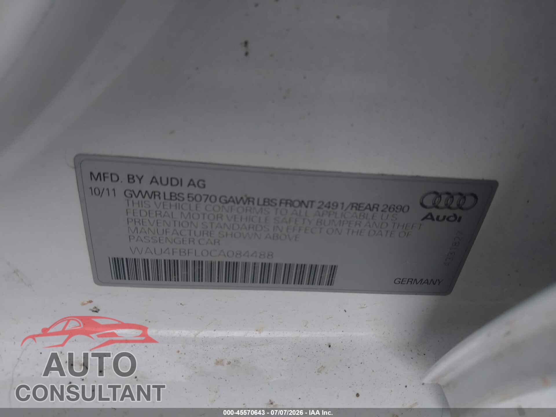 AUDI A4 2012 - WAU4FBFL0CA084488