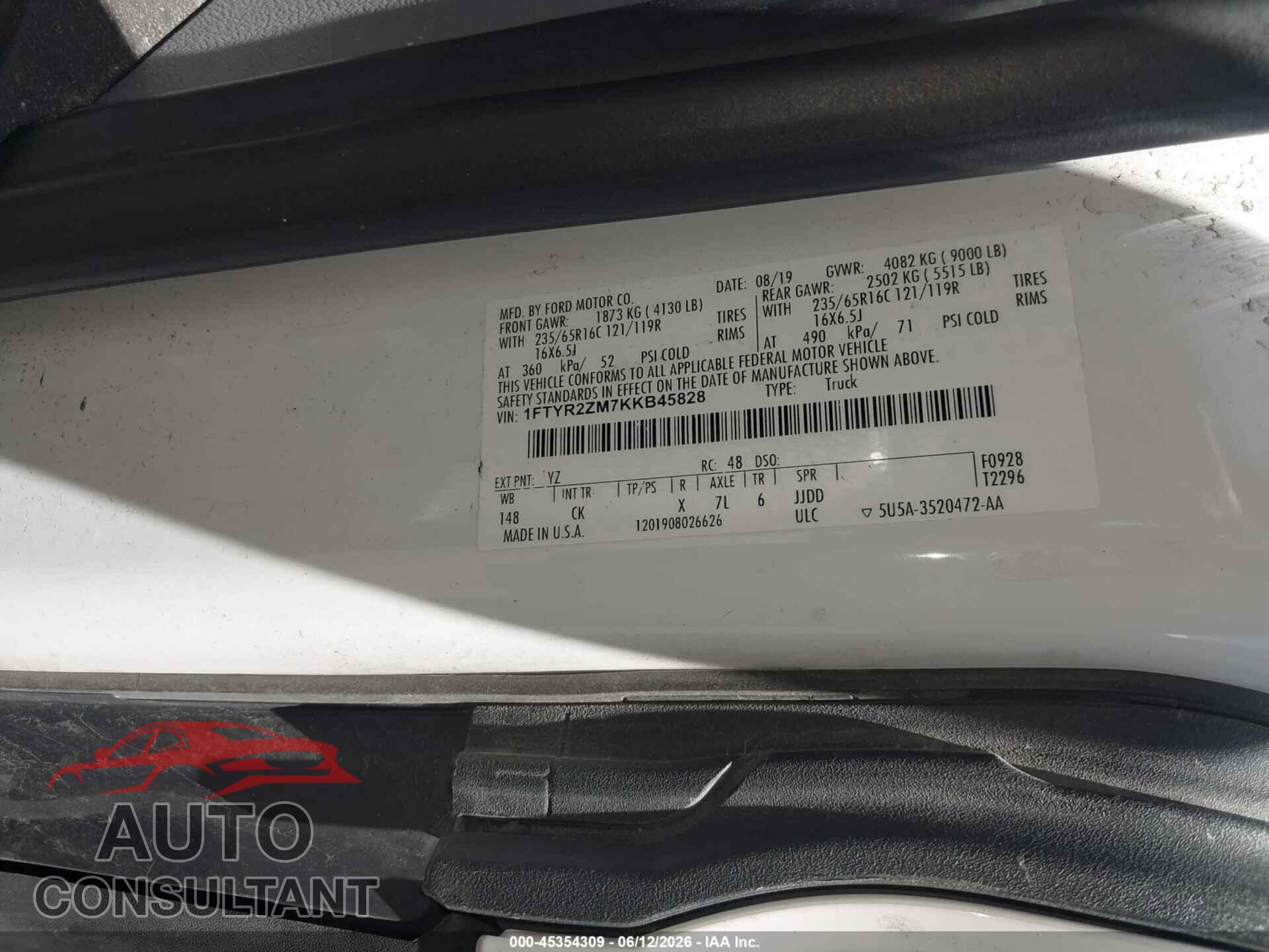 FORD TRANSIT-250 2019 - 1FTYR2ZM7KKB45828