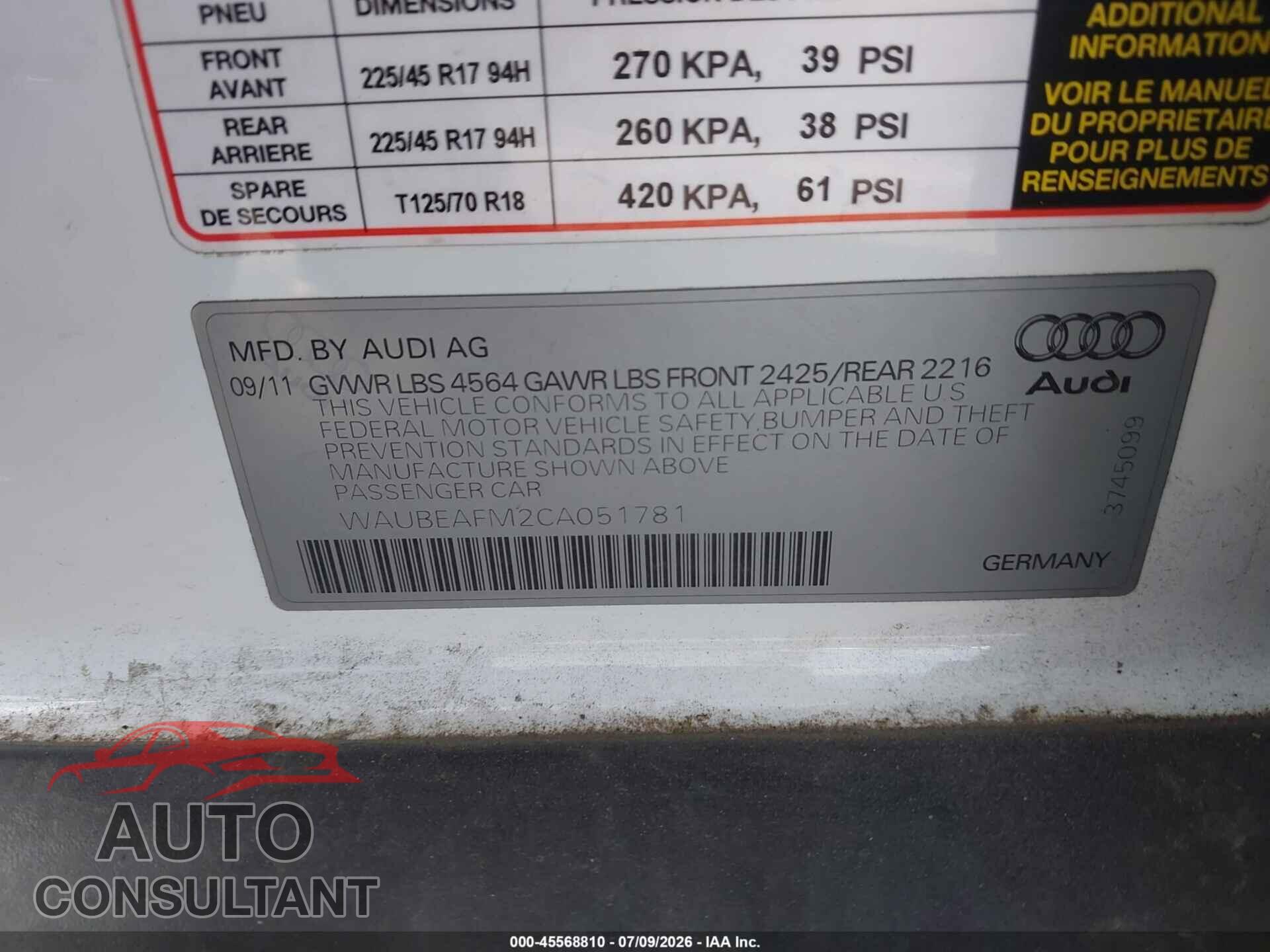 AUDI A3 2012 - WAUBEAFM2CA051781
