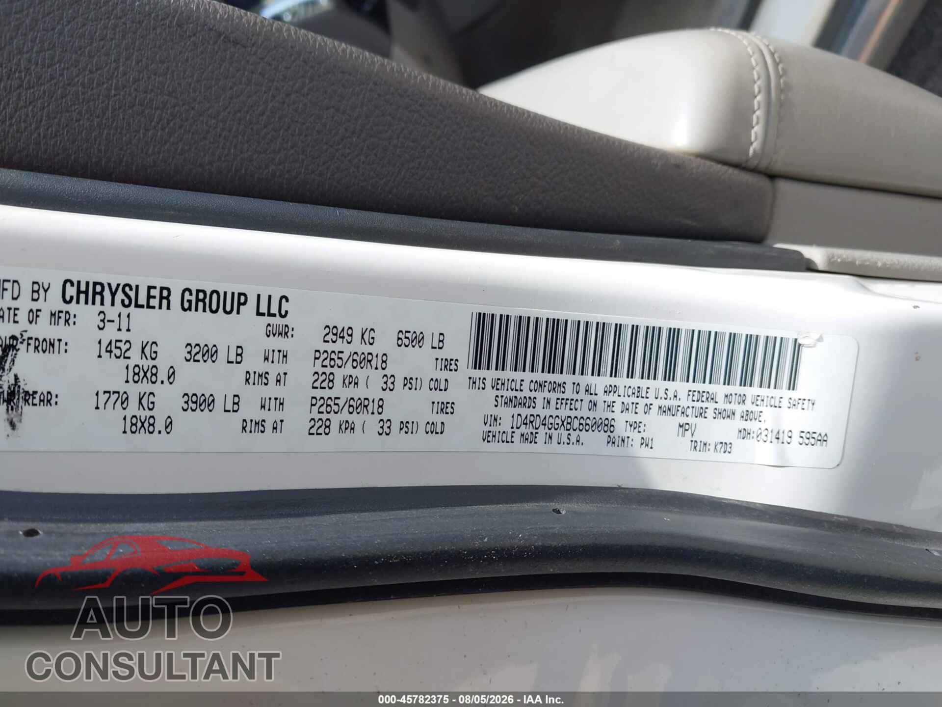 DODGE DURANGO 2011 - 1D4RD4GGXBC660086