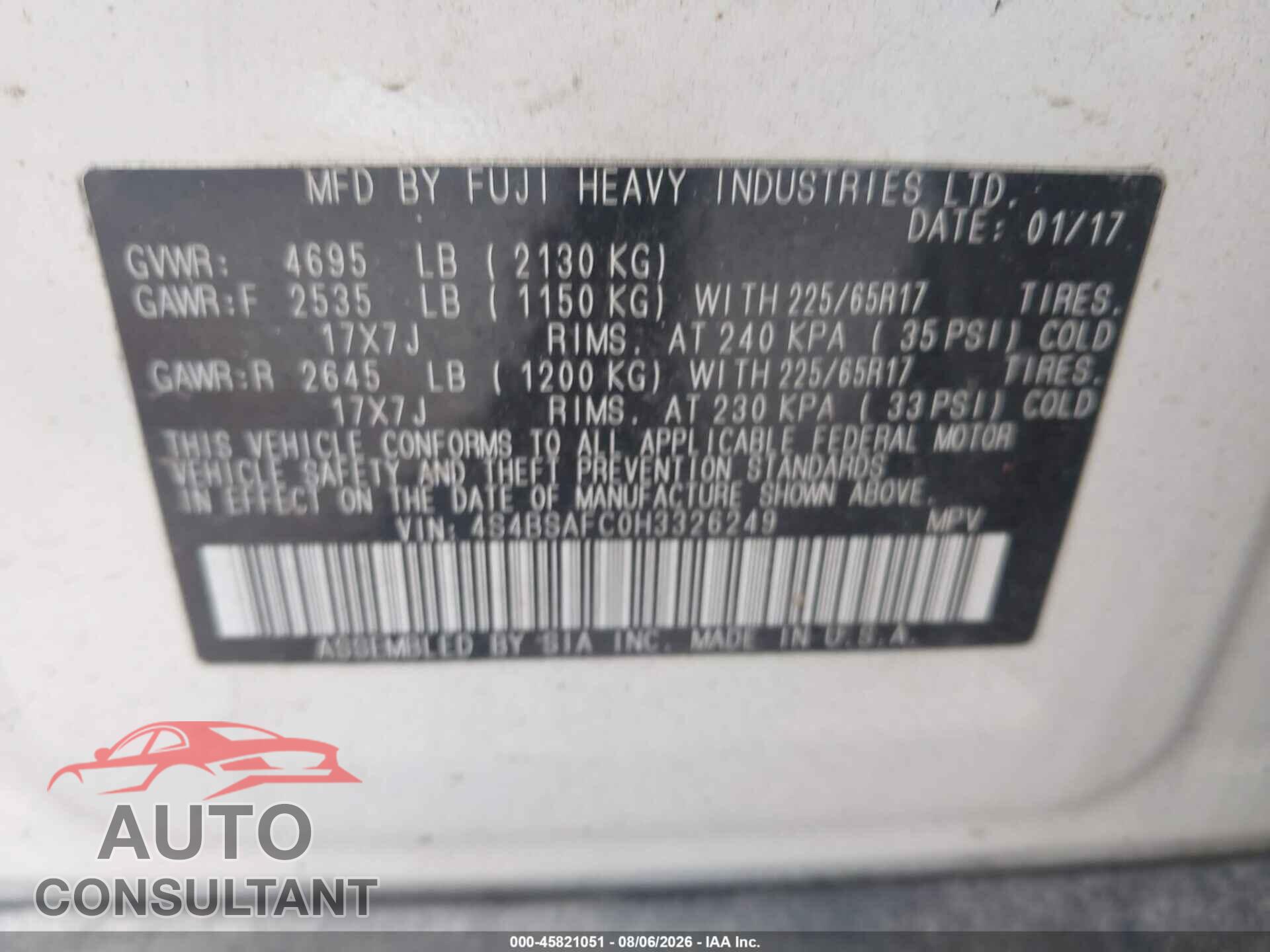 SUBARU OUTBACK 2017 - 4S4BSAFC0H3326249
