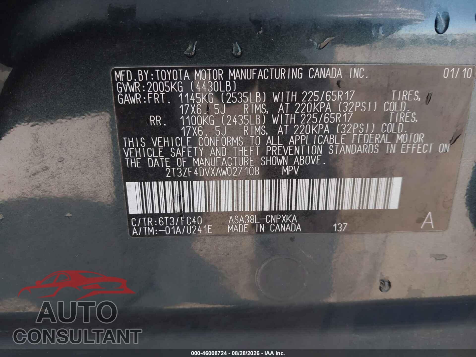 TOYOTA RAV4 2010 - 2T3ZF4DVXAW027108