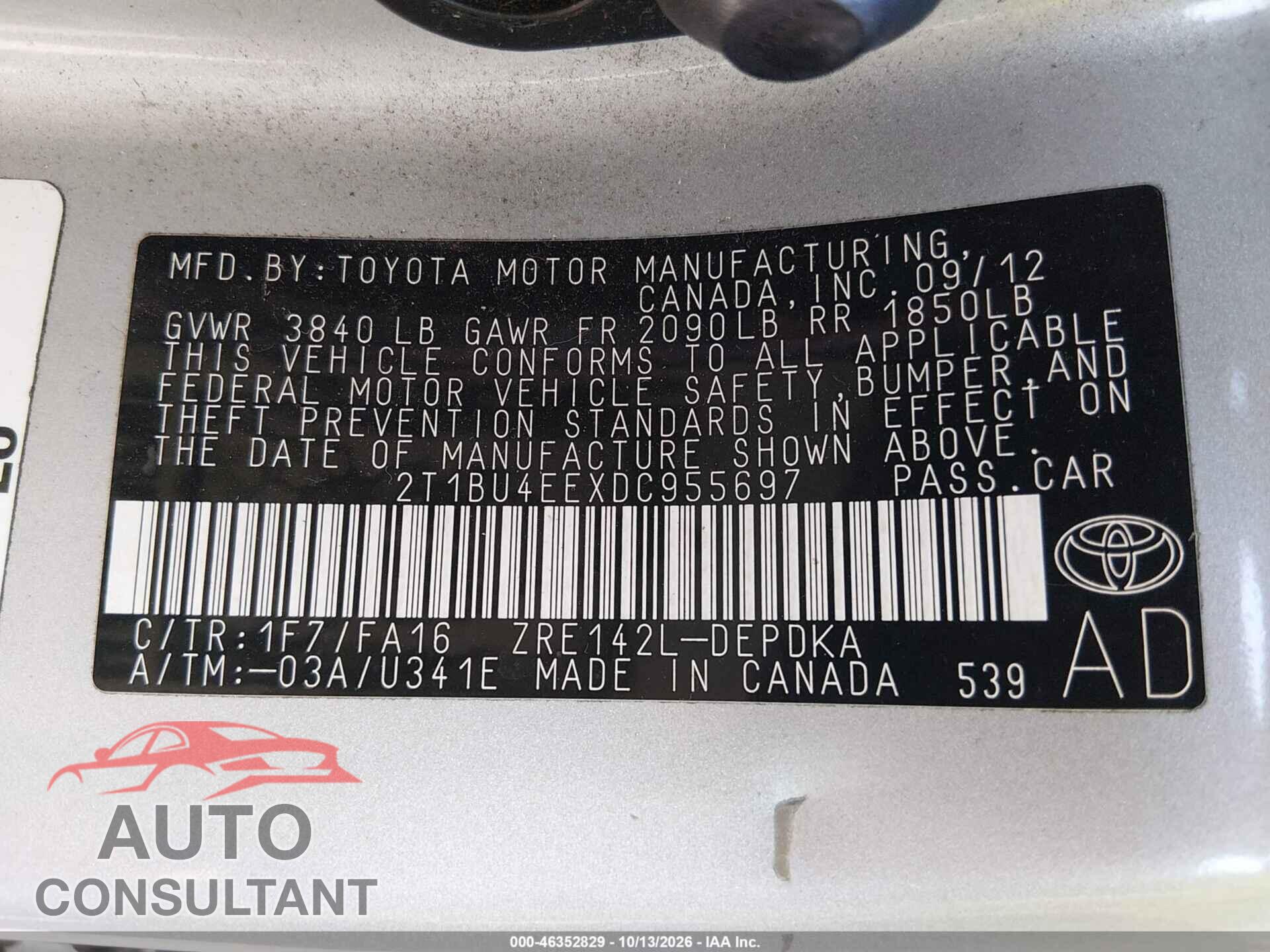TOYOTA COROLLA 2013 - 2T1BU4EEXDC955697
