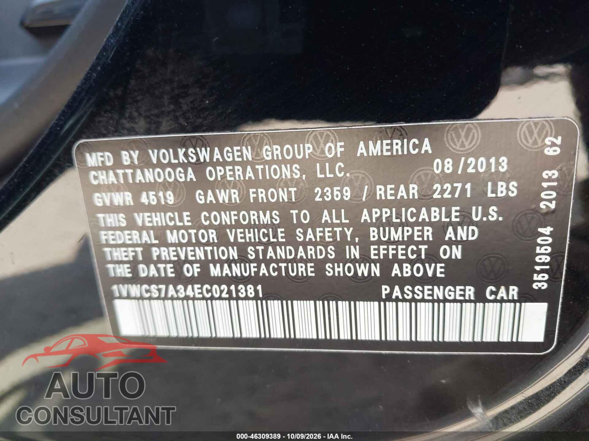 VOLKSWAGEN PASSAT 2014 - 1VWCS7A34EC021381