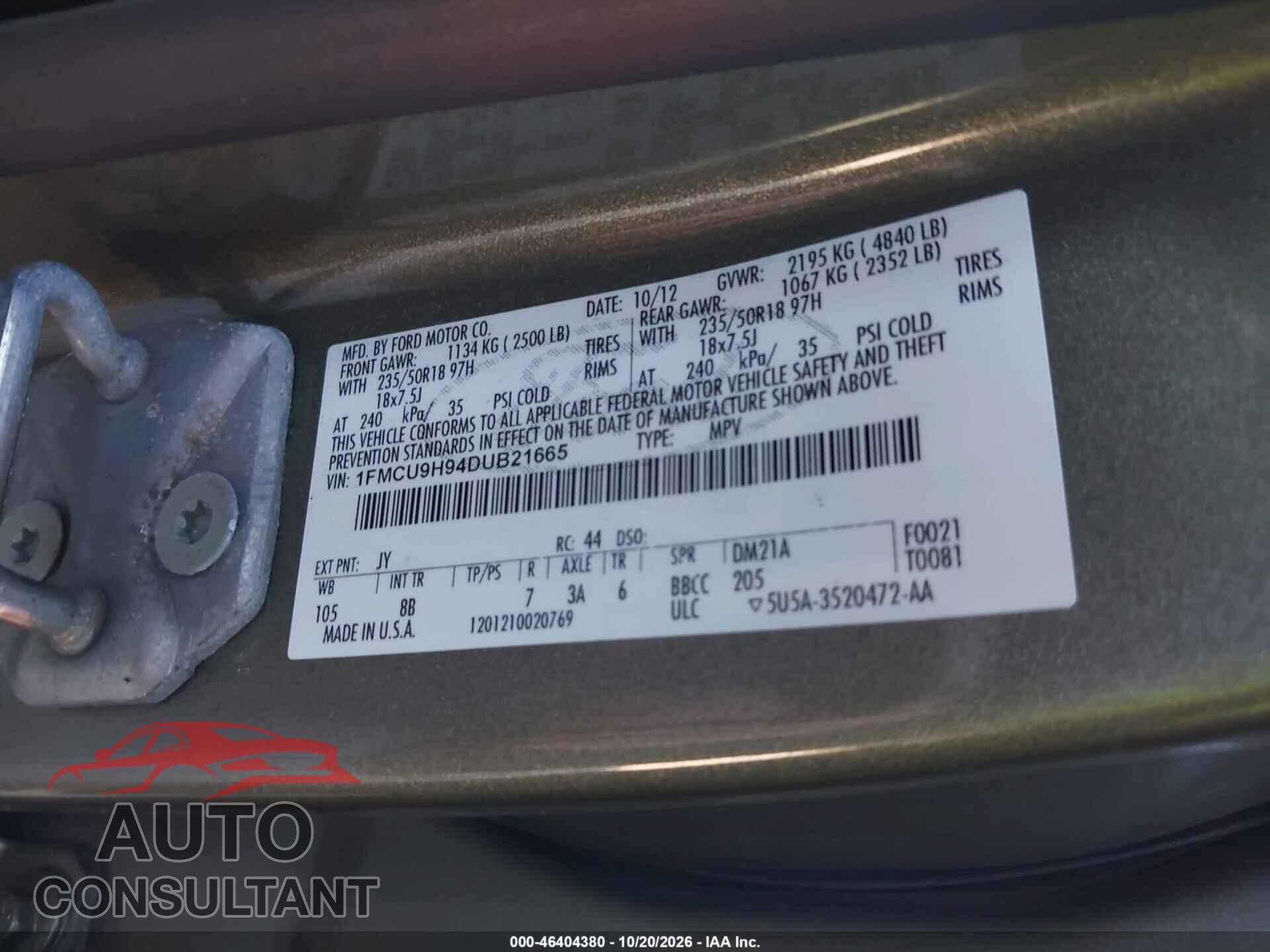 FORD ESCAPE 2013 - 1FMCU9H94DUB21665