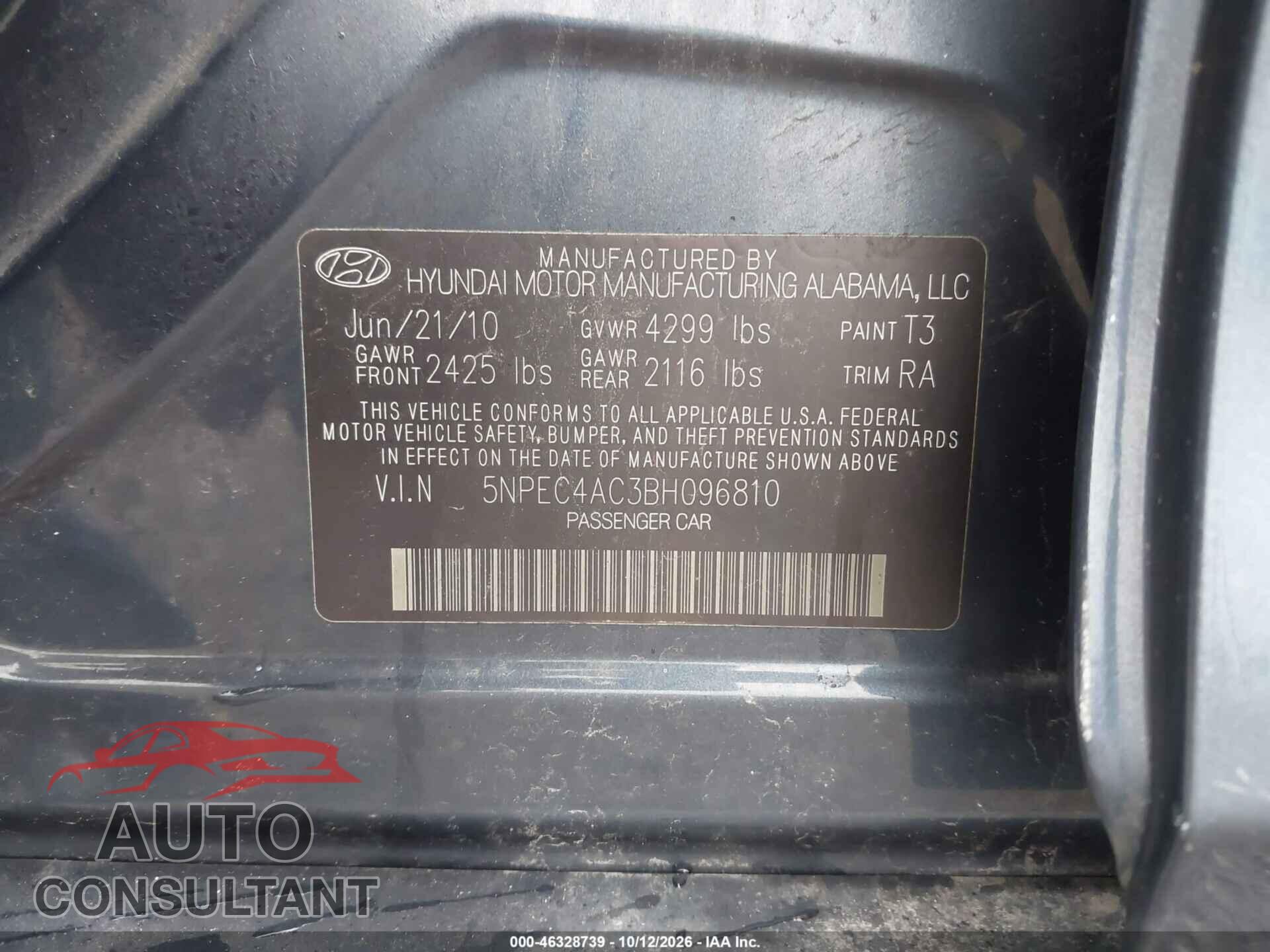 HYUNDAI SONATA 2011 - 5NPEC4AC3BH096810