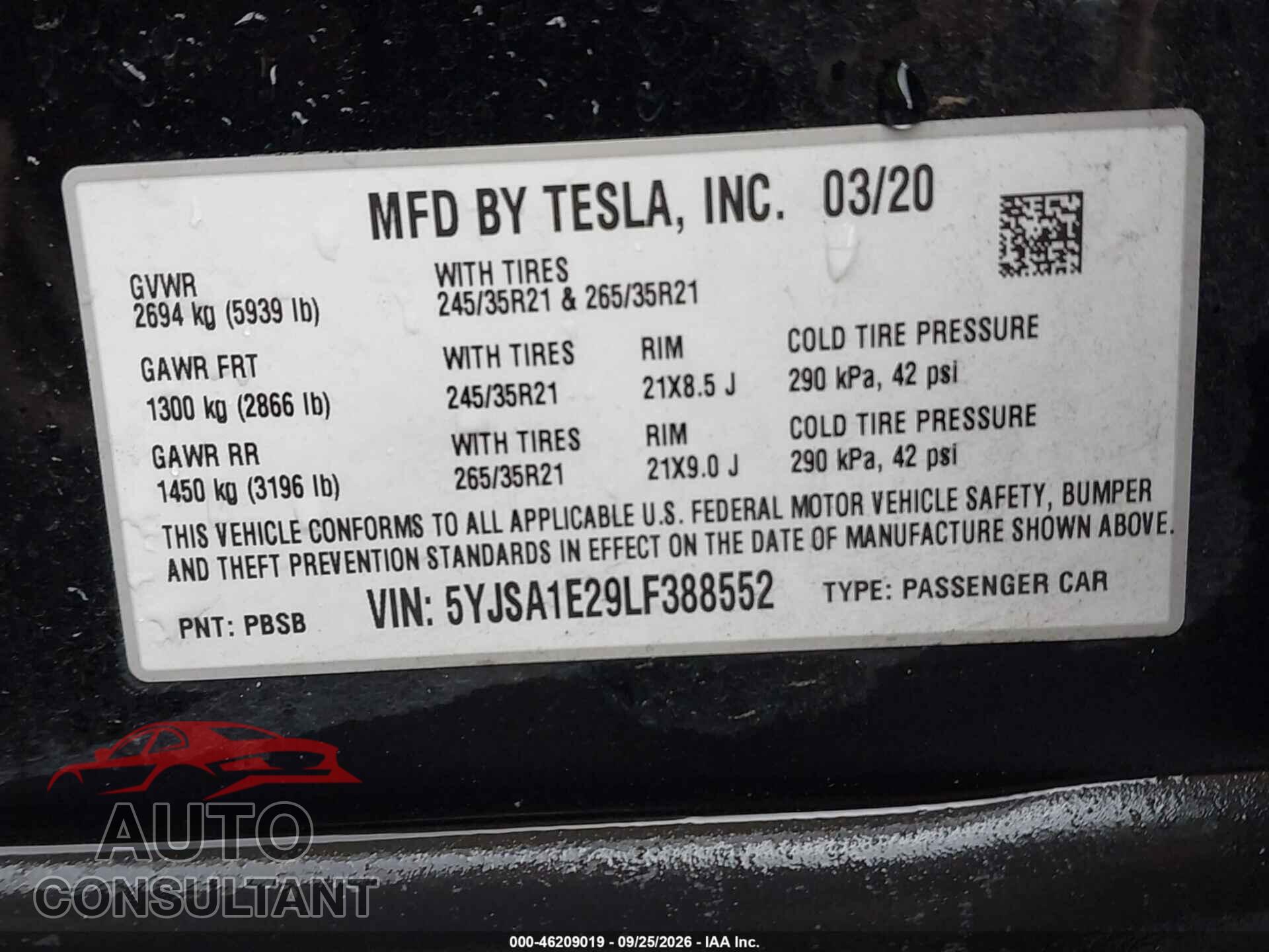 TESLA MODEL S 2020 - 5YJSA1E29LF388552