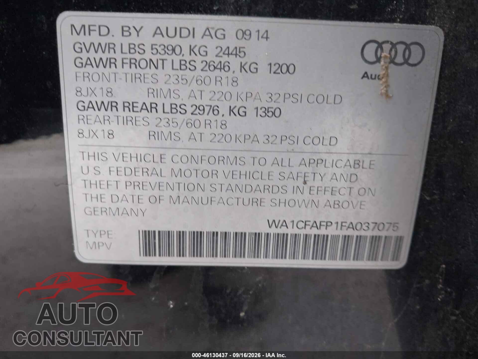 AUDI Q5 2015 - WA1CFAFP1FA037075