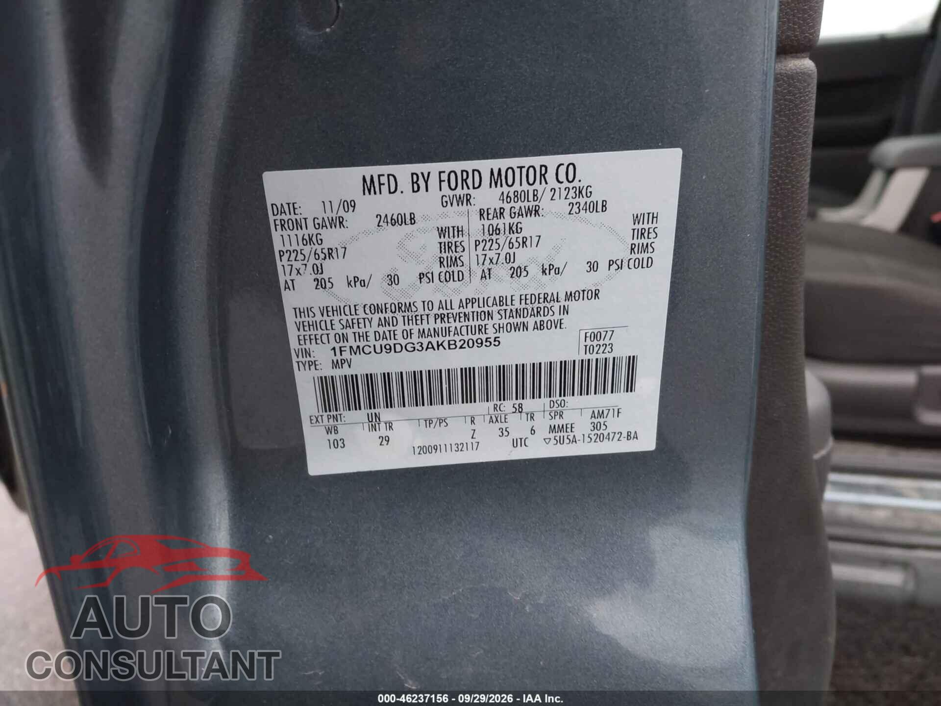 FORD ESCAPE 2010 - 1FMCU9DG3AKB20955