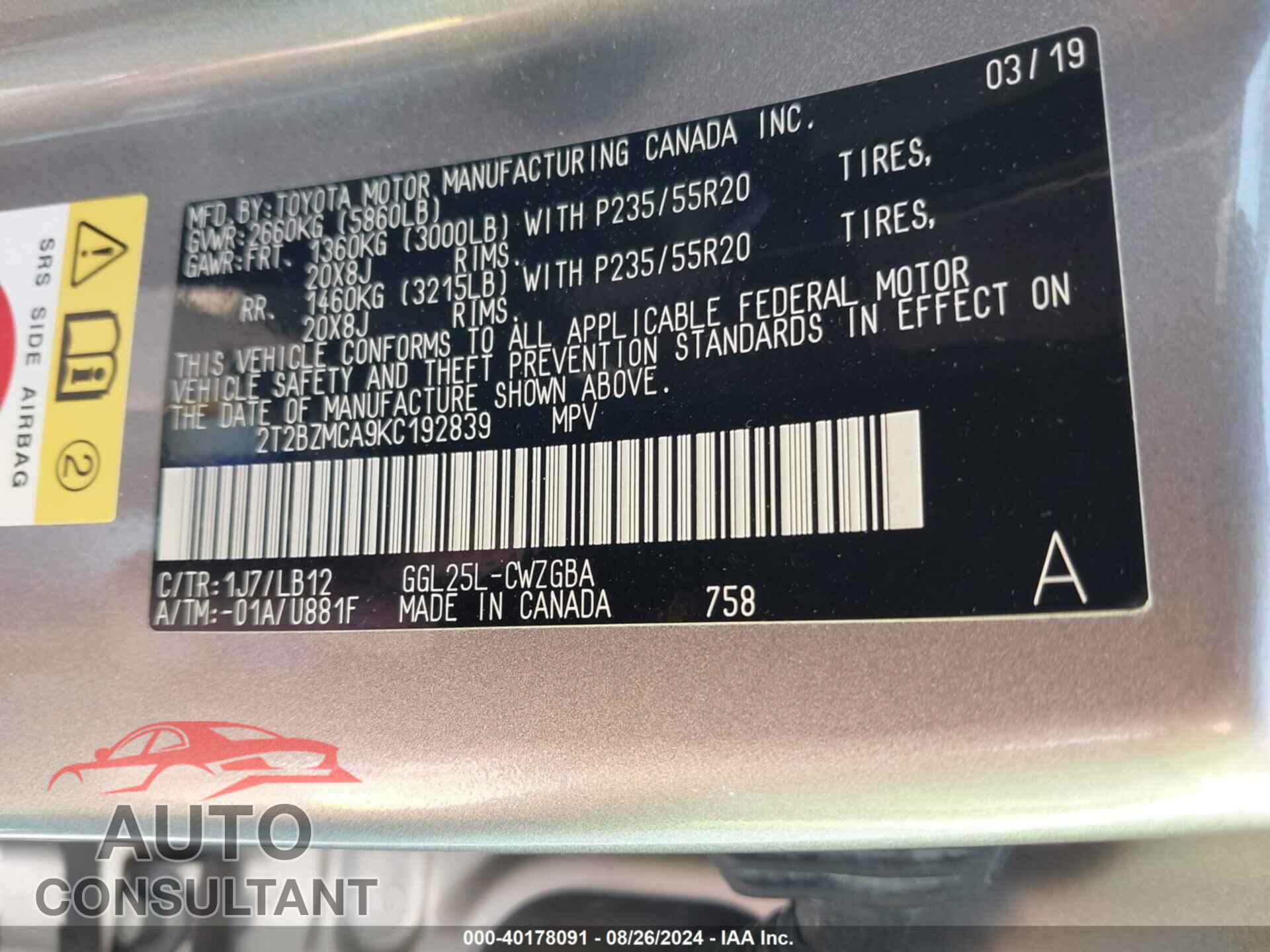 LEXUS RX 350 2019 - 2T2BZMCA9KC192839