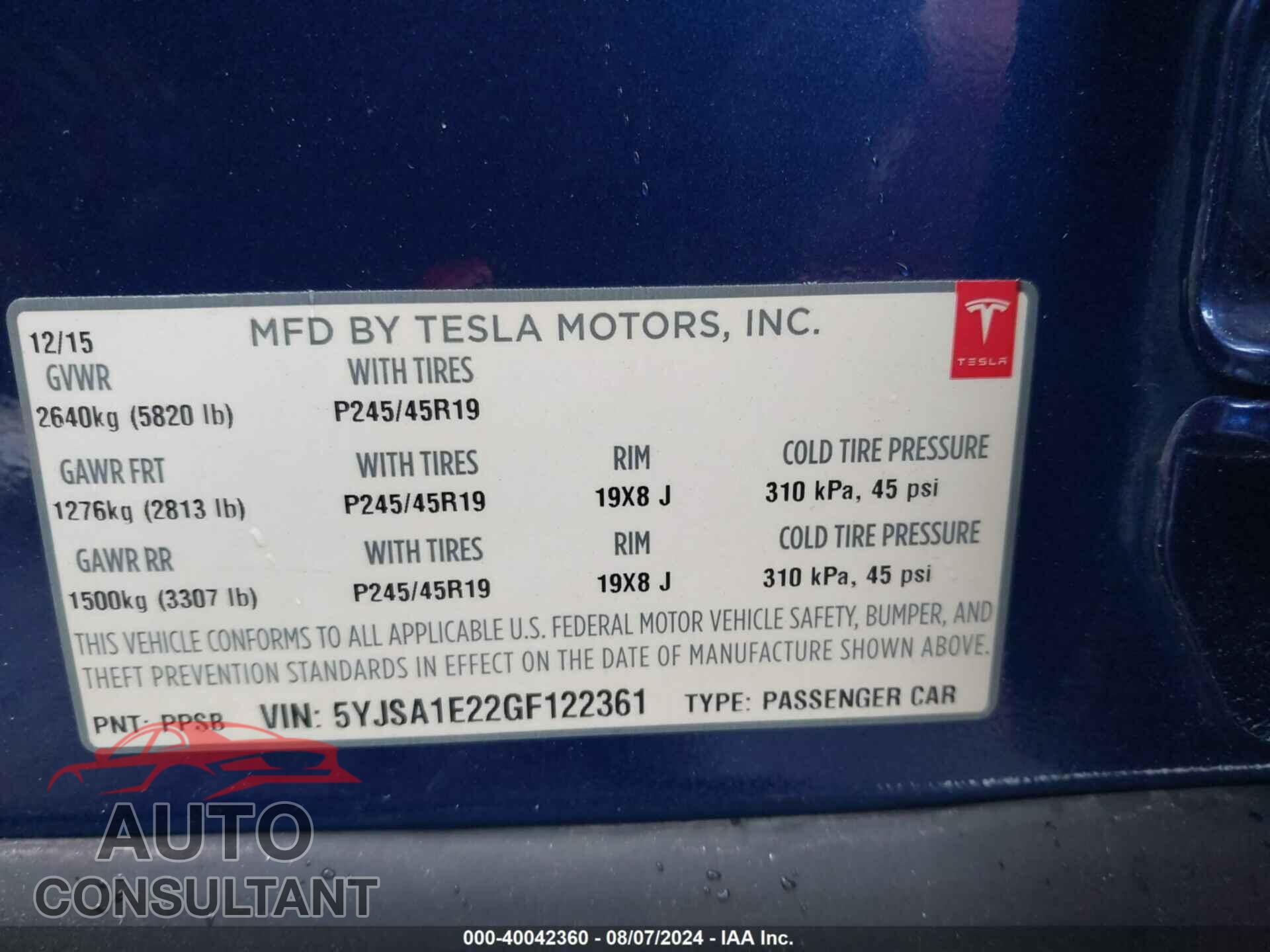 TESLA MODEL S 2016 - 5YJSA1E22GF122361
