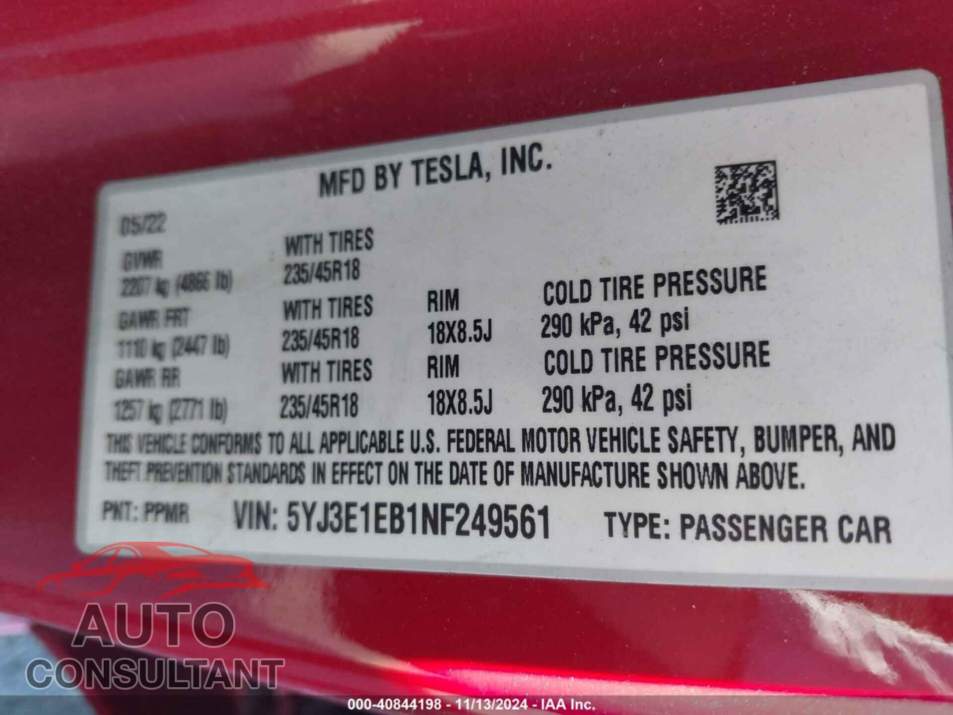 TESLA MODEL 3 2022 - 5YJ3E1EB1NF249561