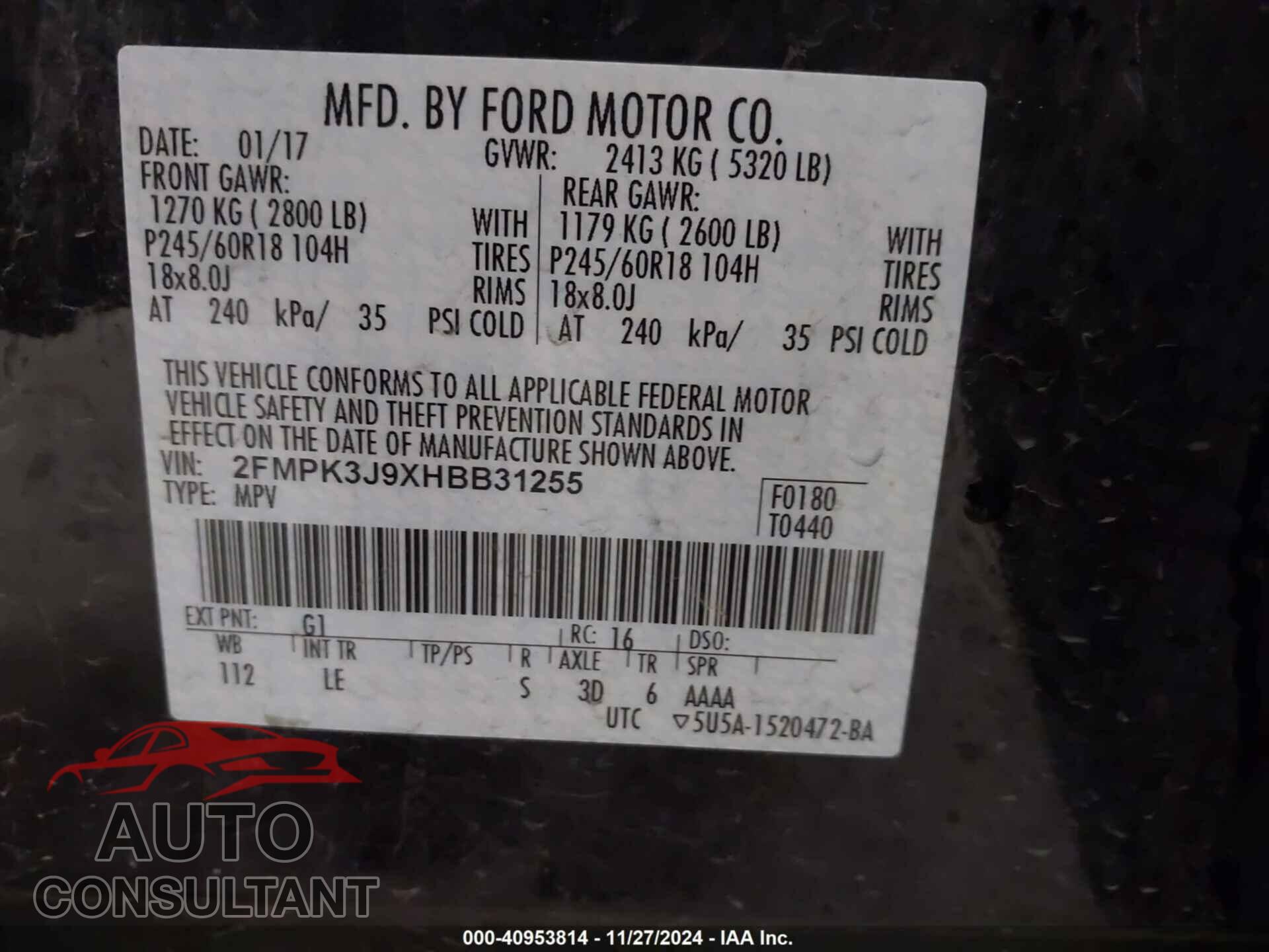 FORD EDGE 2017 - 2FMPK3J9XHBB31255