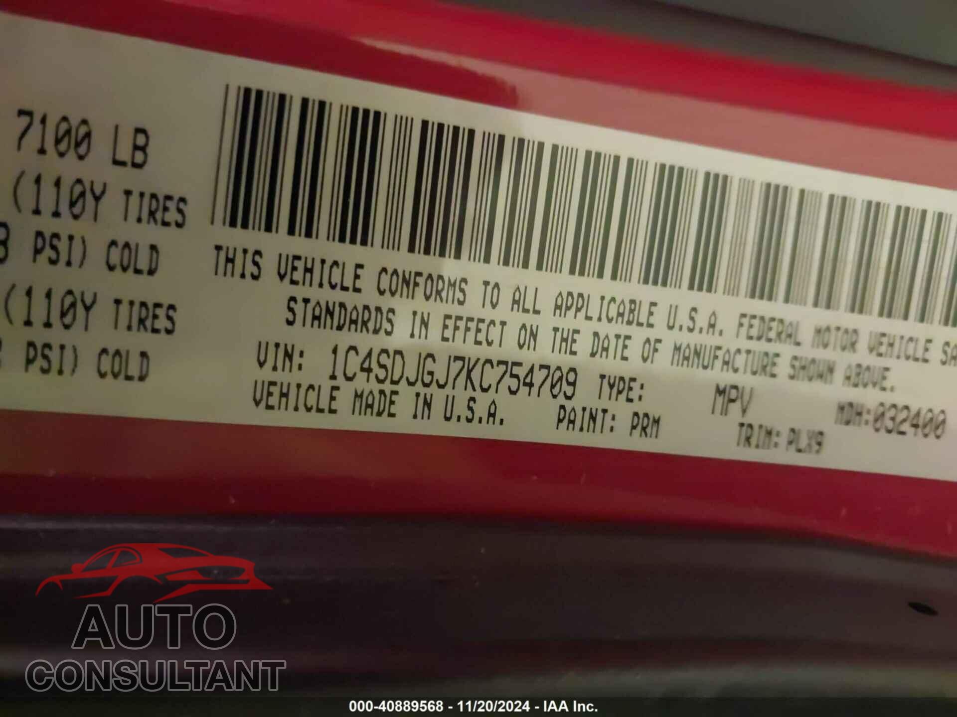 DODGE DURANGO 2019 - 1C4SDJGJ7KC754709
