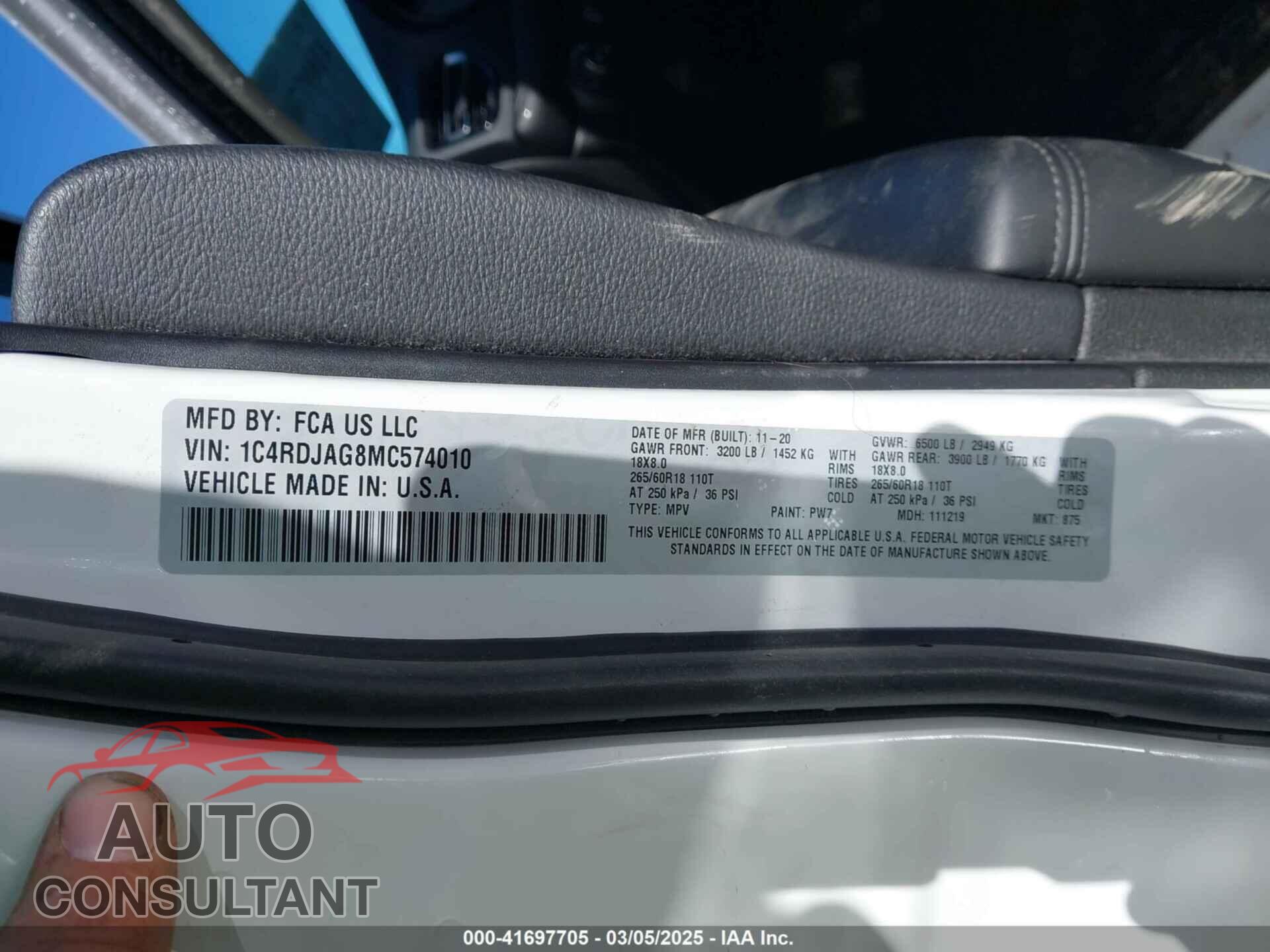 DODGE DURANGO 2021 - 1C4RDJAG8MC574010