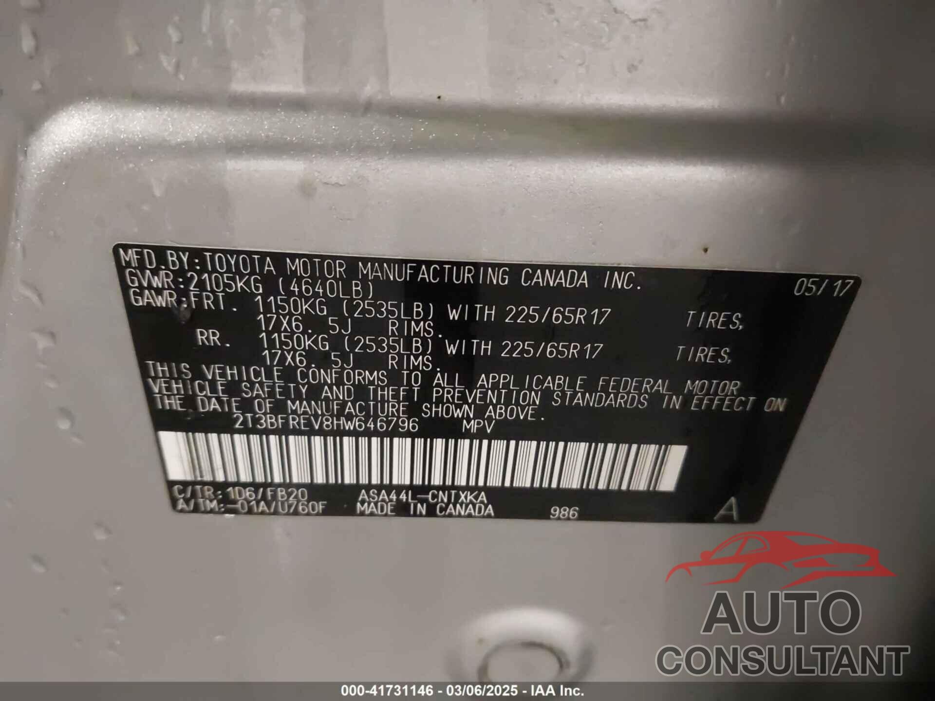 TOYOTA RAV4 2017 - 2T3BFREV8HW646796