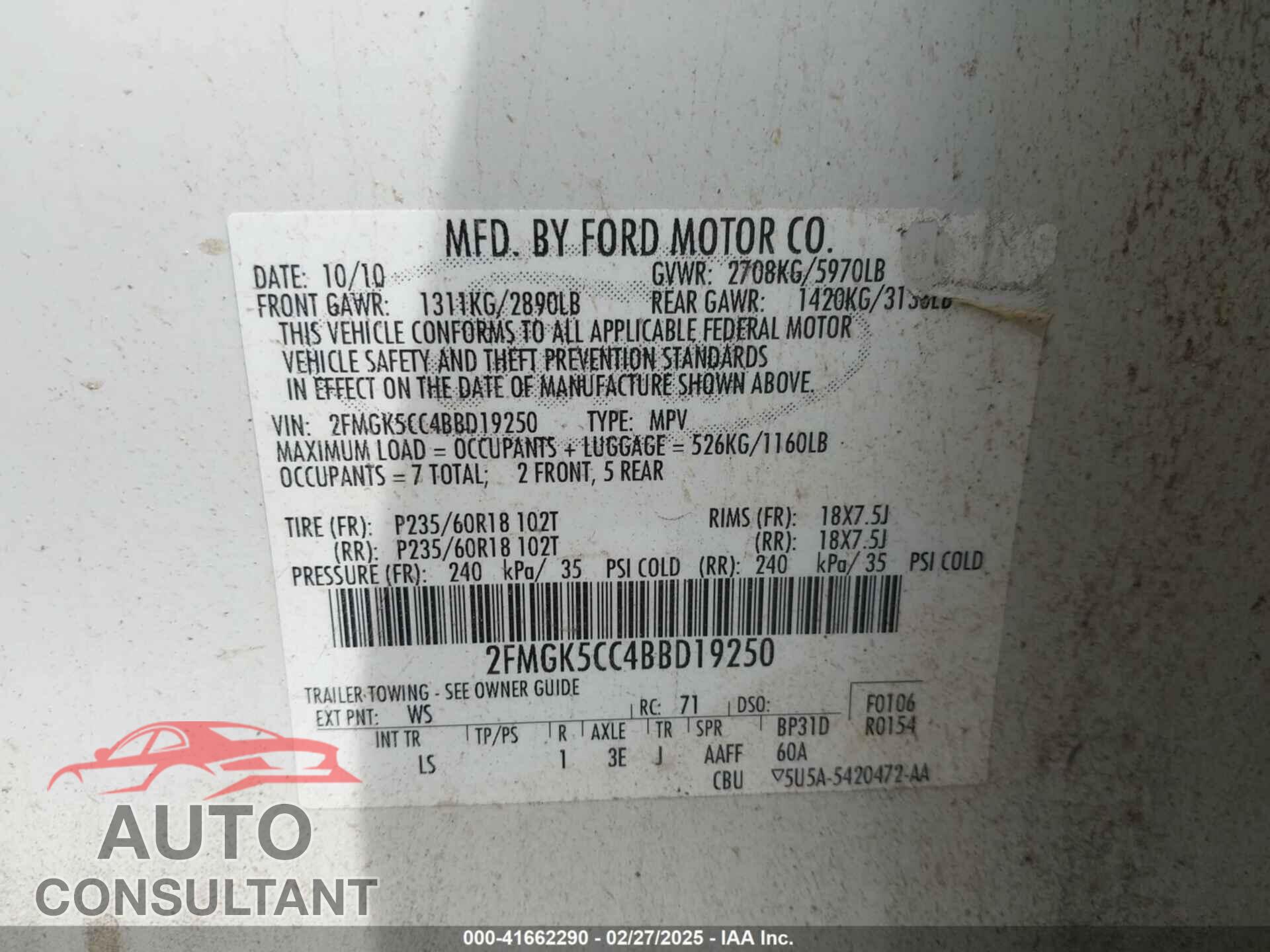 FORD FLEX 2011 - 2FMGK5CC4BBD19250