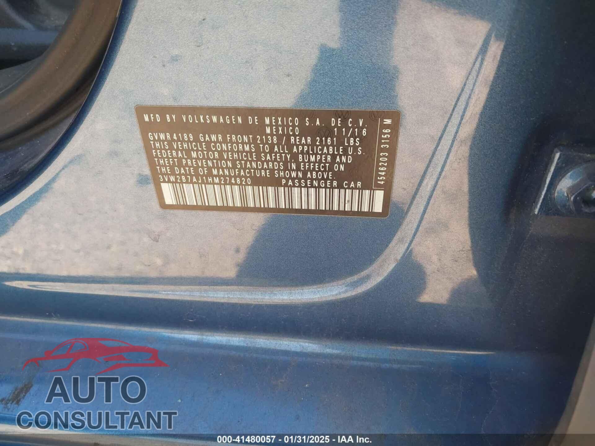VOLKSWAGEN JETTA 2017 - 3VW2B7AJ1HM274820