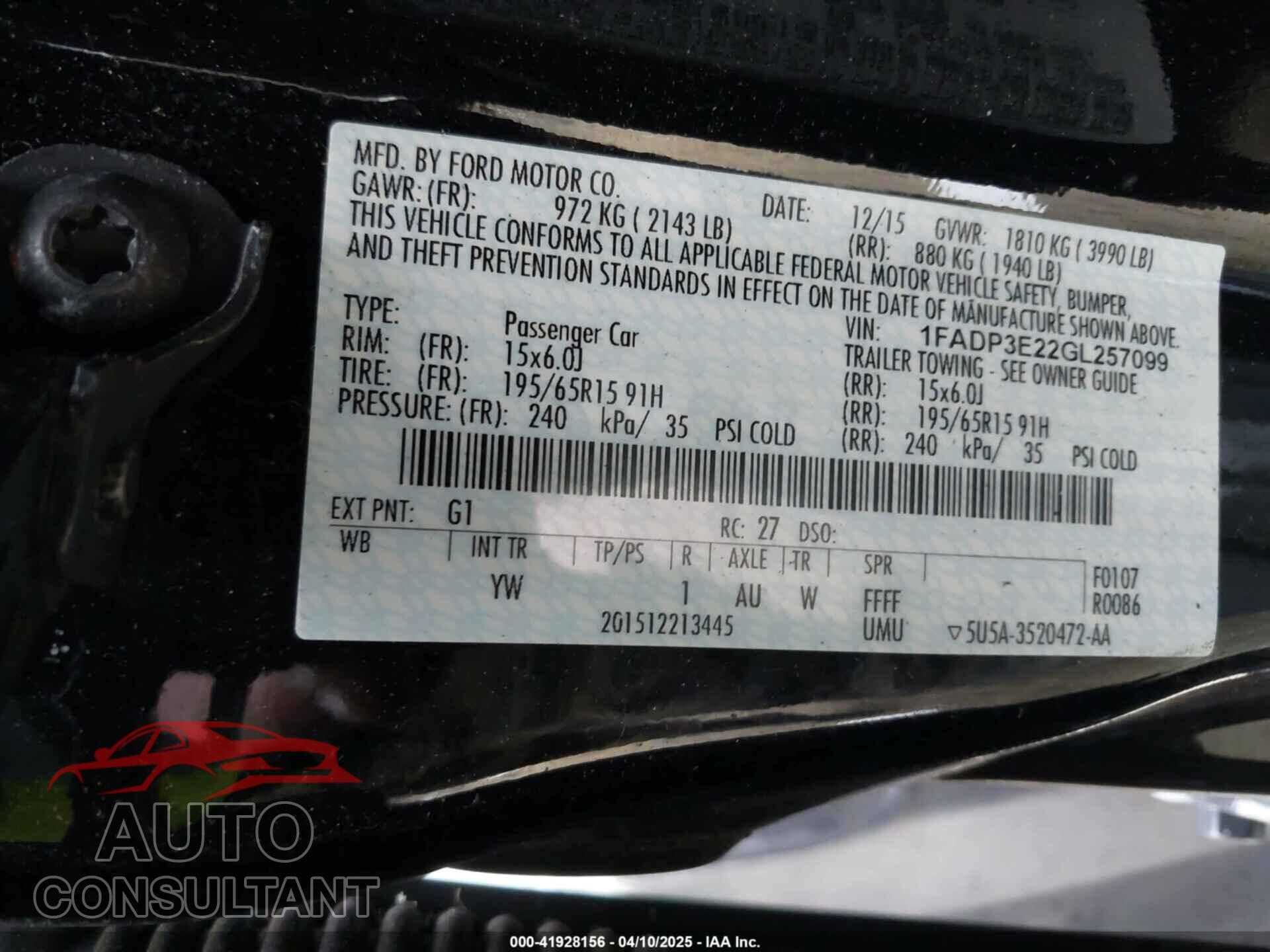 FORD FOCUS 2016 - 1FADP3E22GL257099