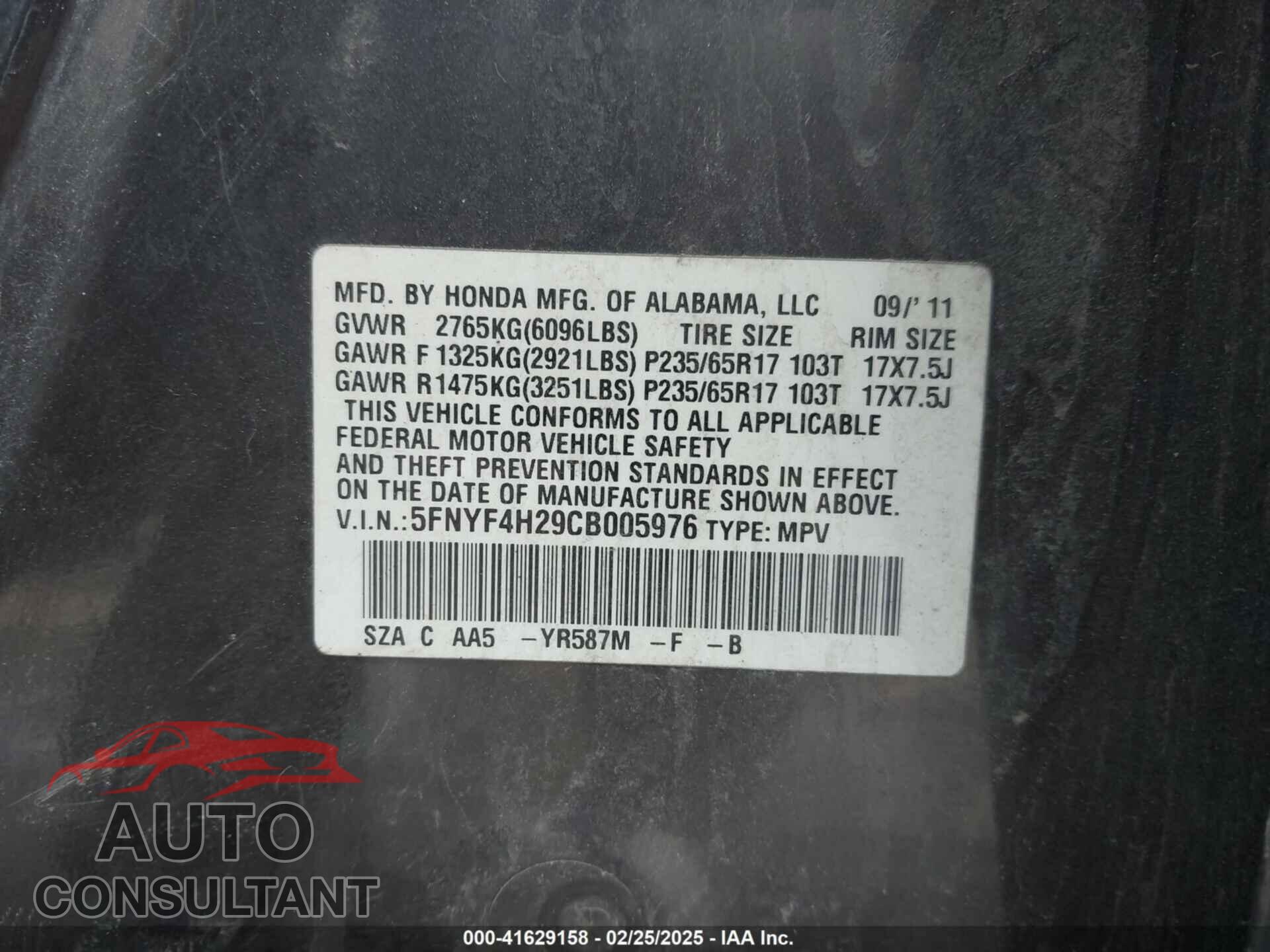 HONDA PILOT 2012 - 5FNYF4H29CB005976