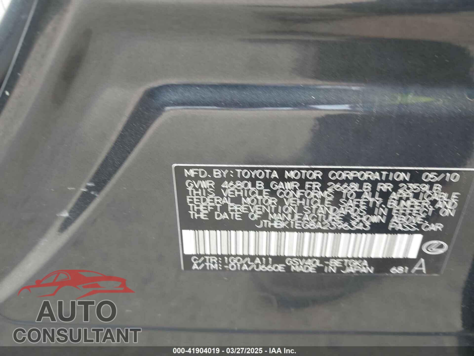 LEXUS ES 350 2010 - JTHBK1EG8A2396343