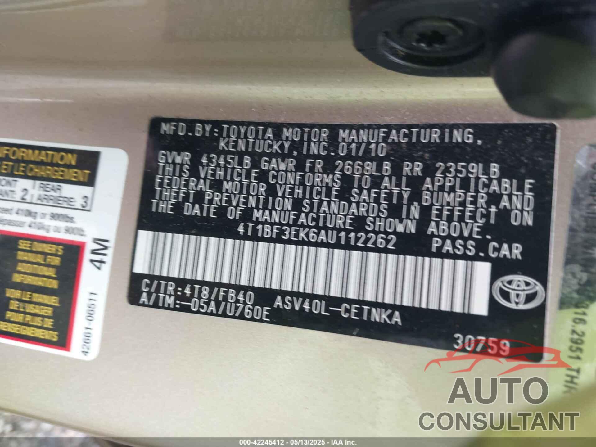TOYOTA CAMRY 2010 - 4T1BF3EK6AU112262