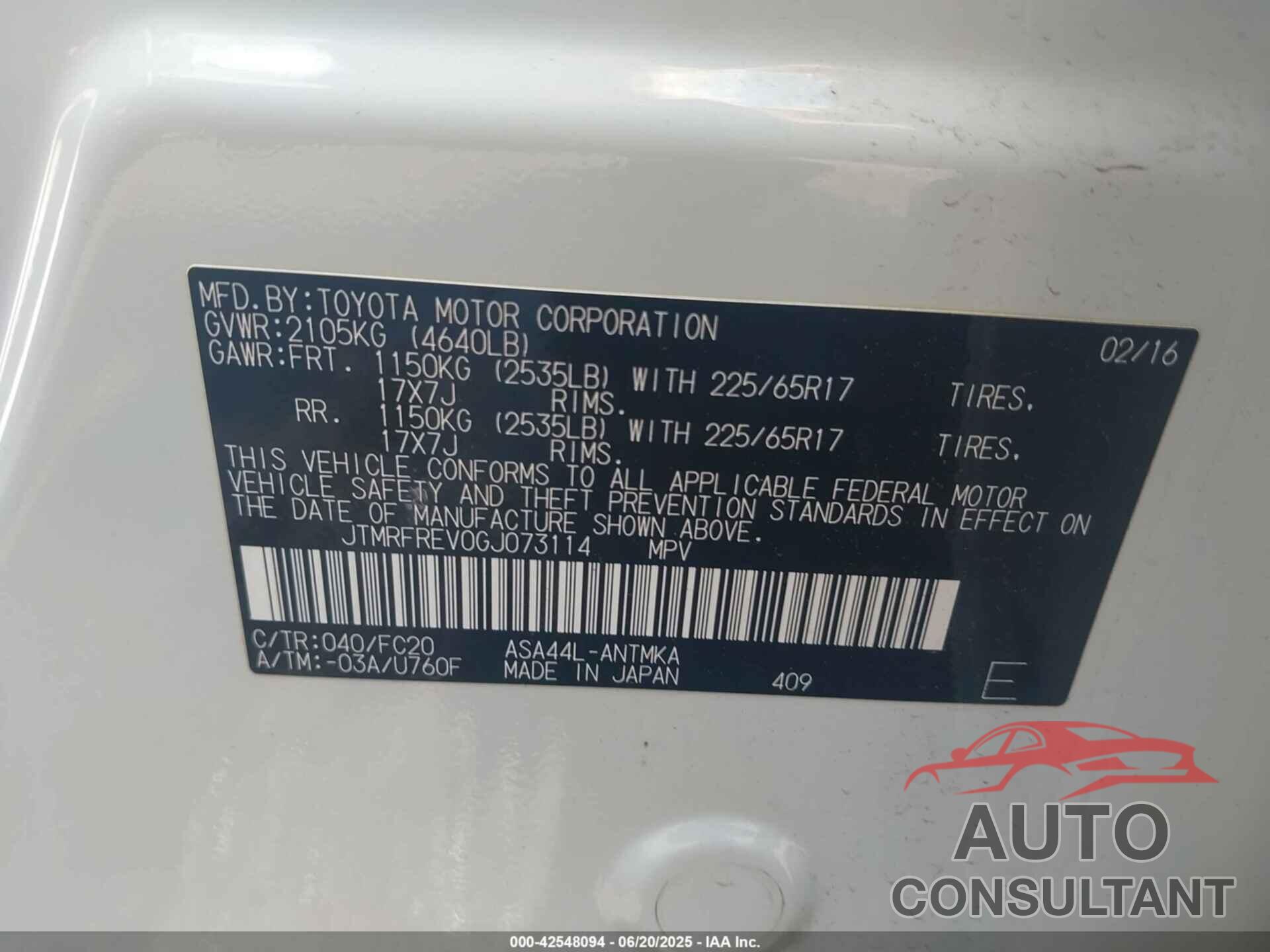 TOYOTA RAV4 2016 - JTMRFREV0GJ073114