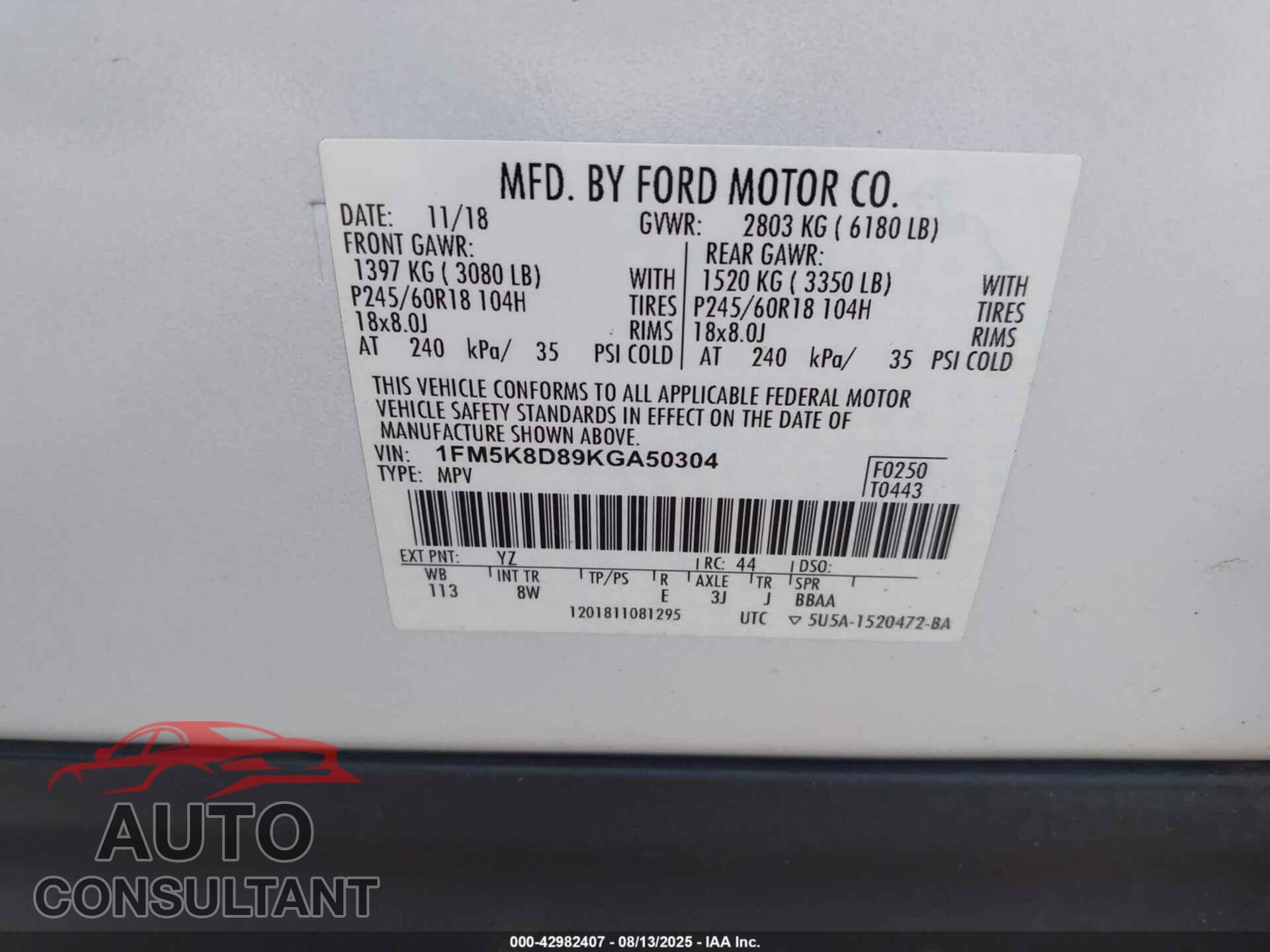 FORD EXPLORER 2019 - 1FM5K8D89KGA50304