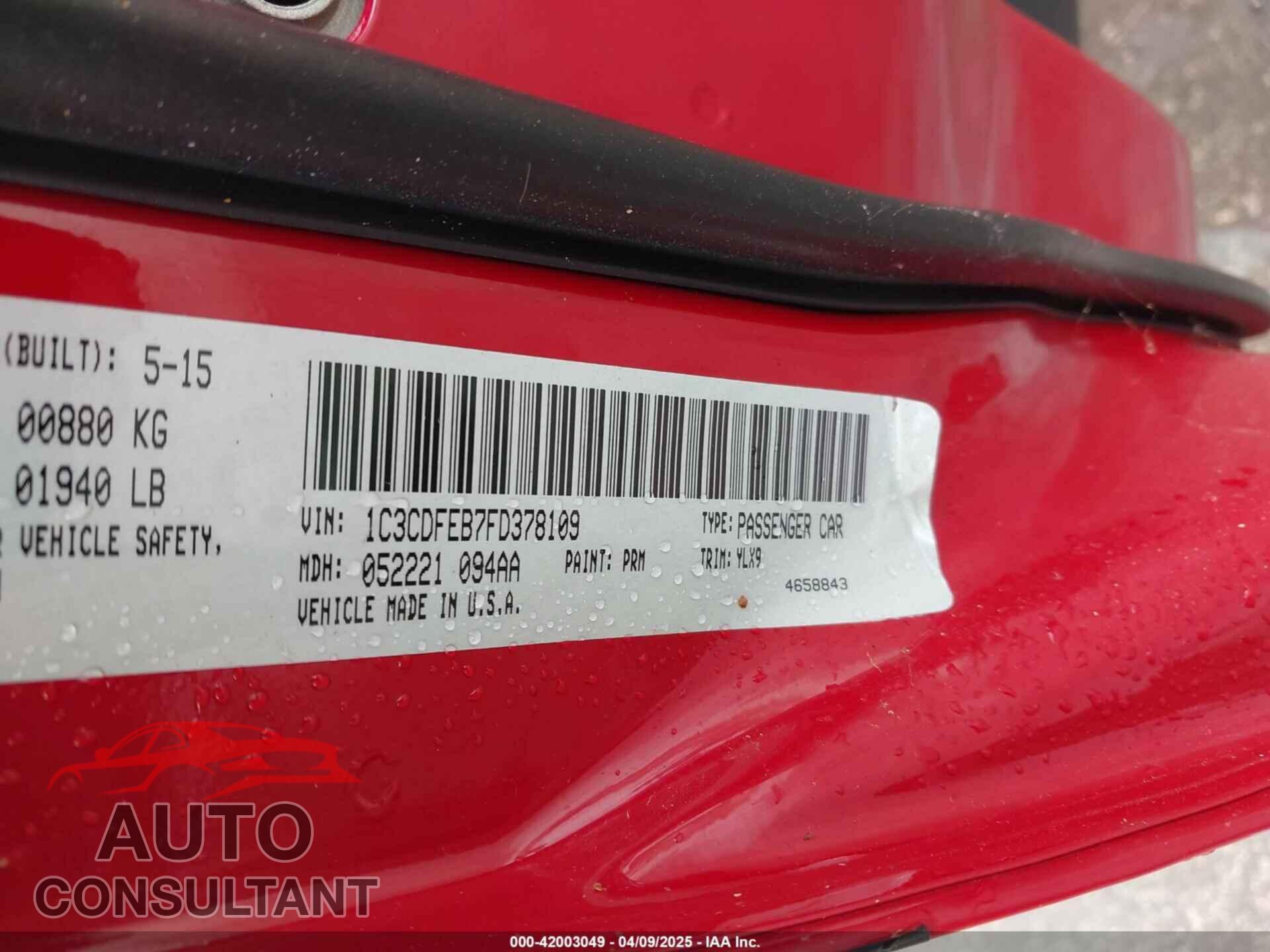 DODGE DART 2015 - 1C3CDFEB7FD378109