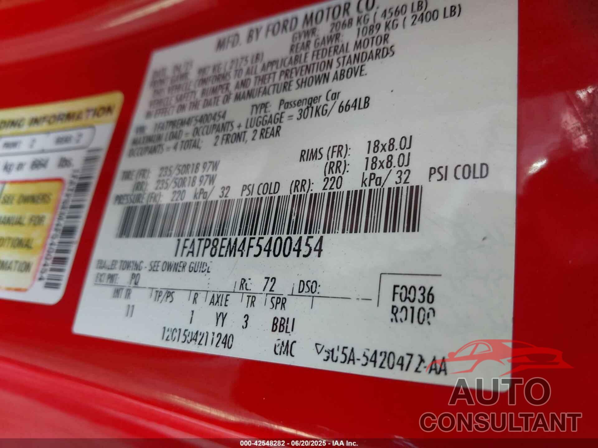 FORD MUSTANG 2015 - 1FATP8EM4F5400454