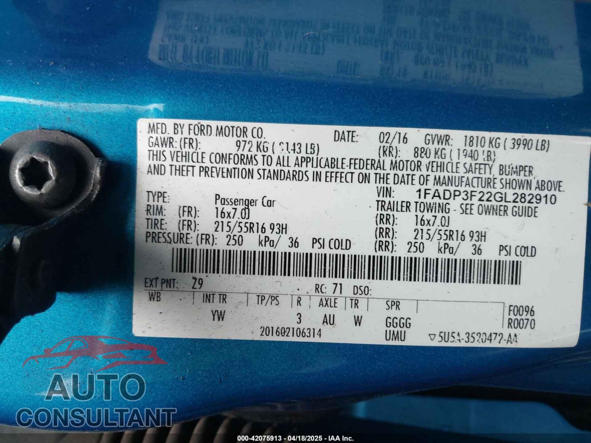 FORD FOCUS 2016 - 1FADP3F22GL282910