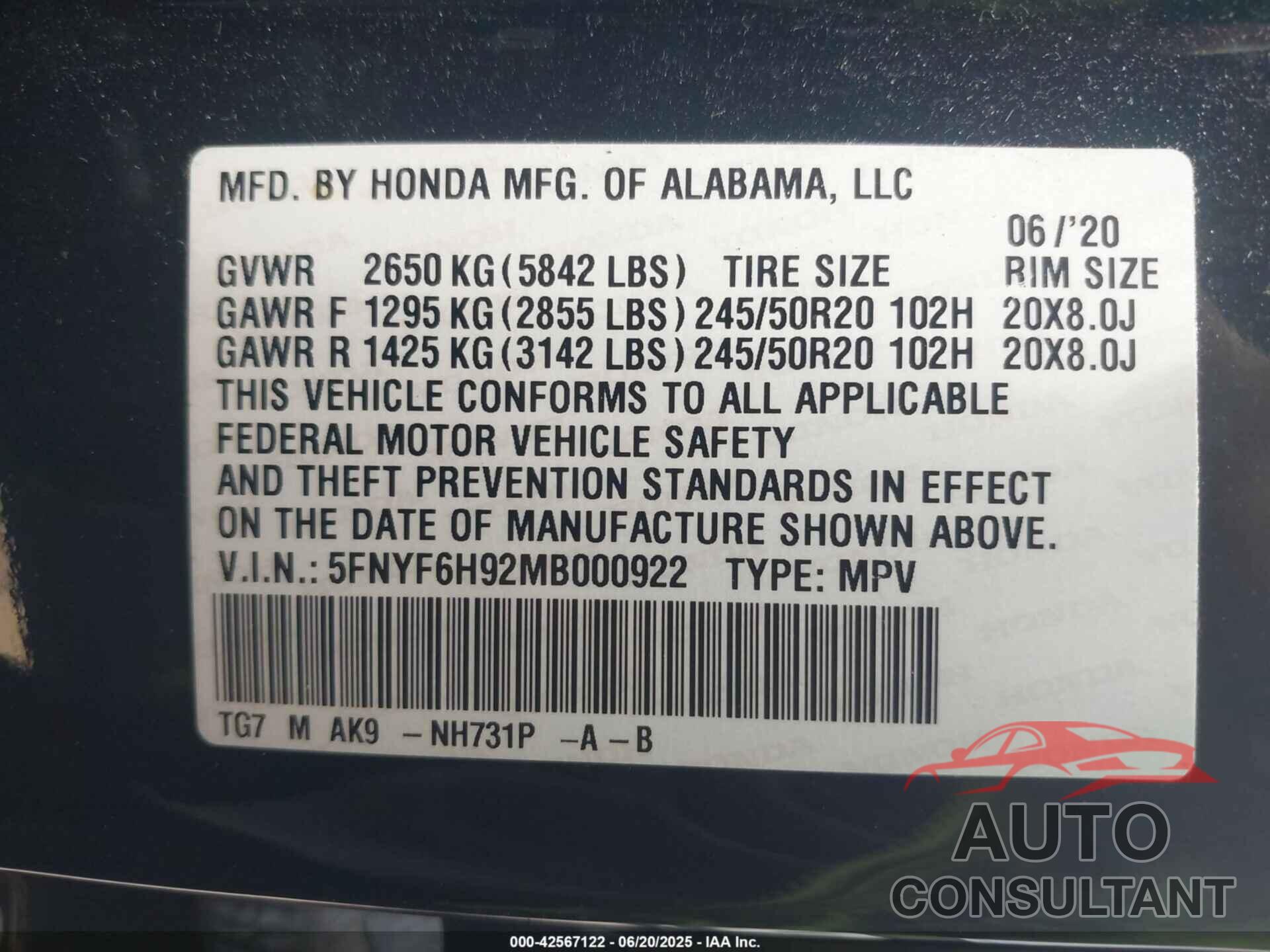 HONDA PILOT 2021 - 5FNYF6H92MB000922