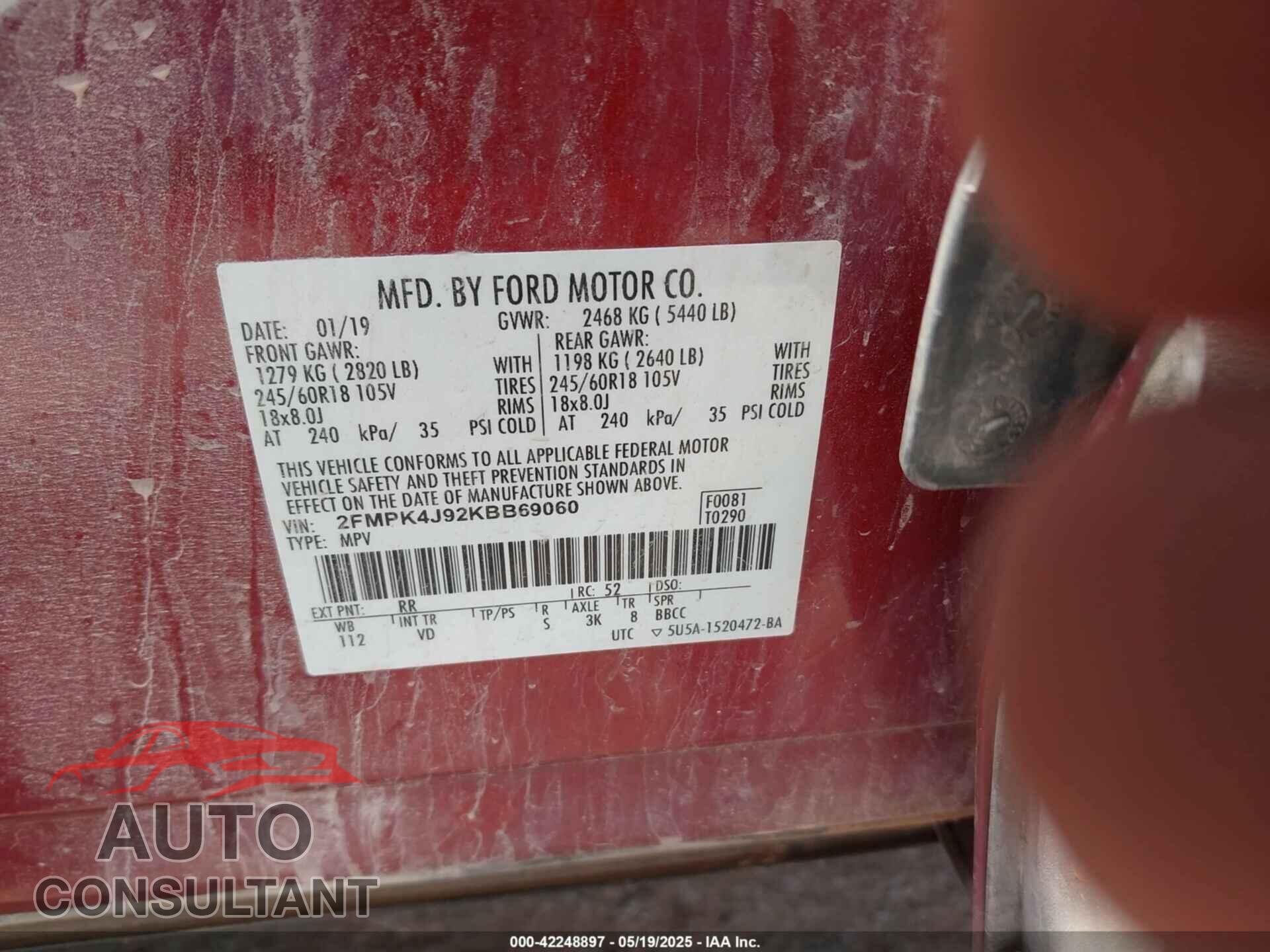 FORD EDGE 2019 - 2FMPK4J92KBB69060