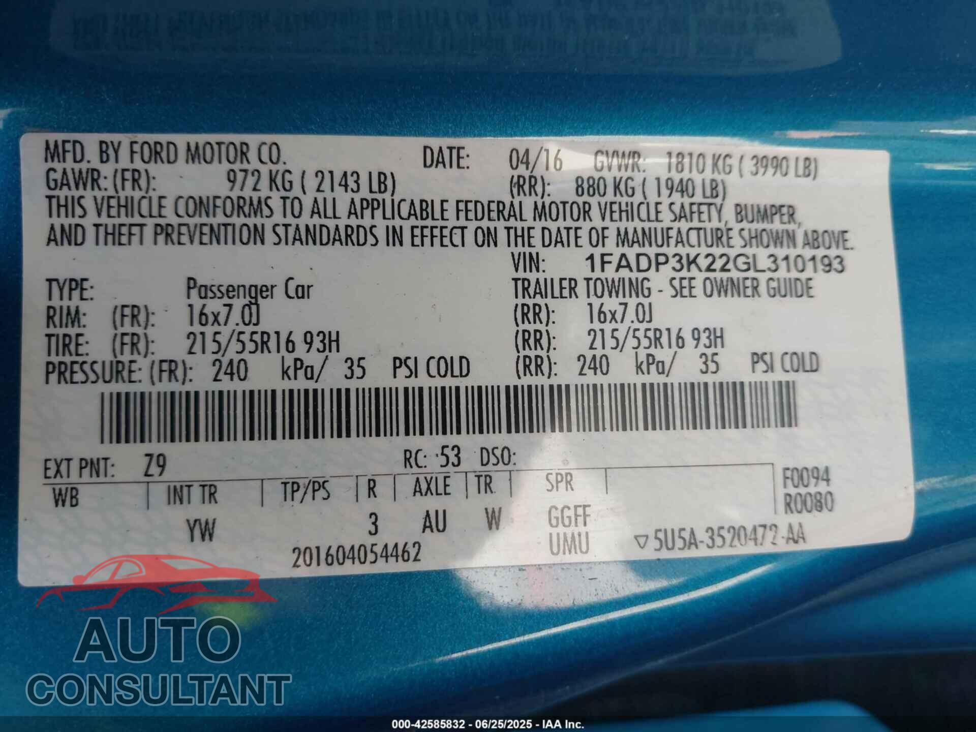 FORD FOCUS 2016 - 1FADP3K22GL310193