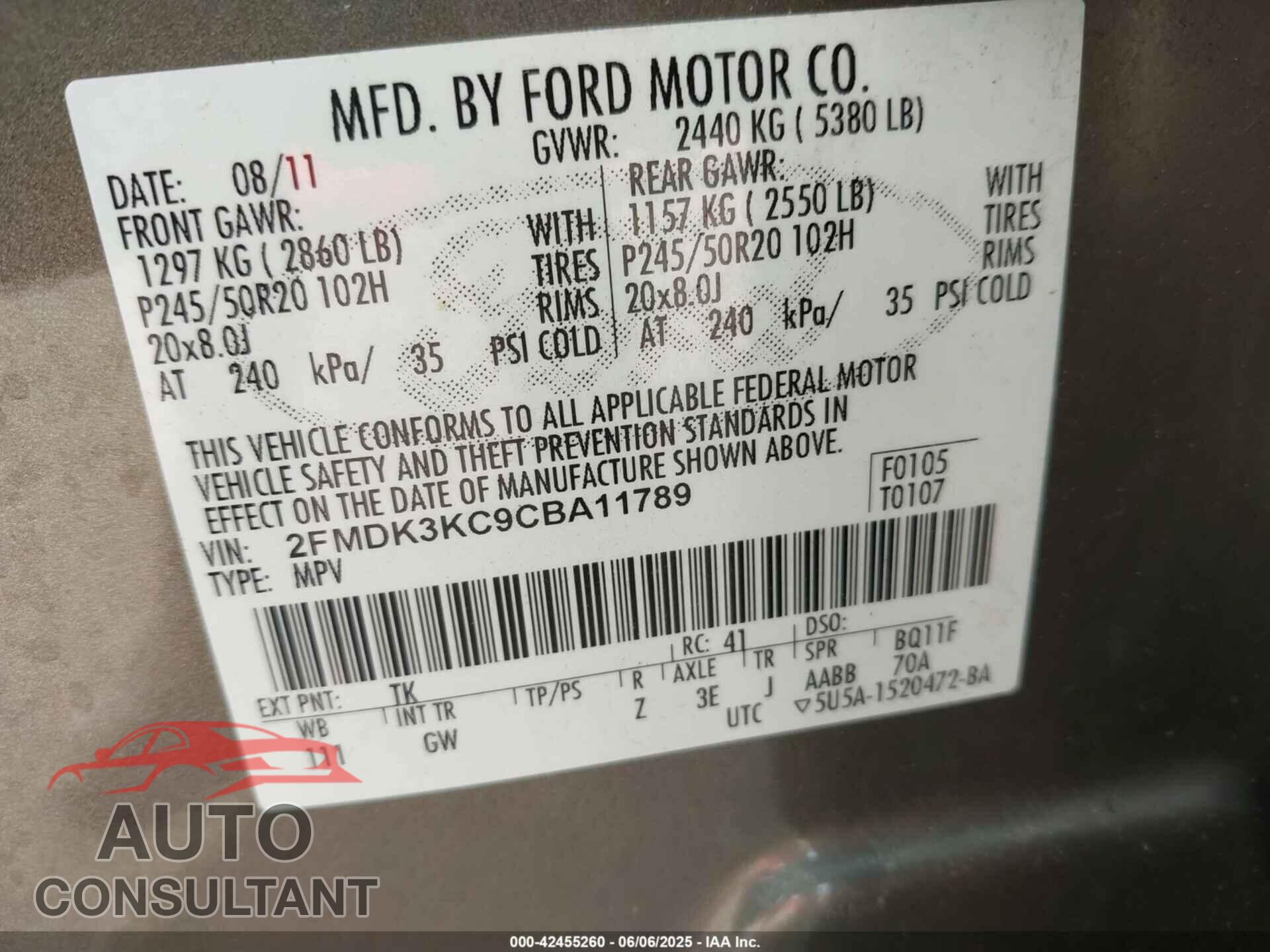 FORD EDGE 2012 - 2FMDK3KC9CBA11789