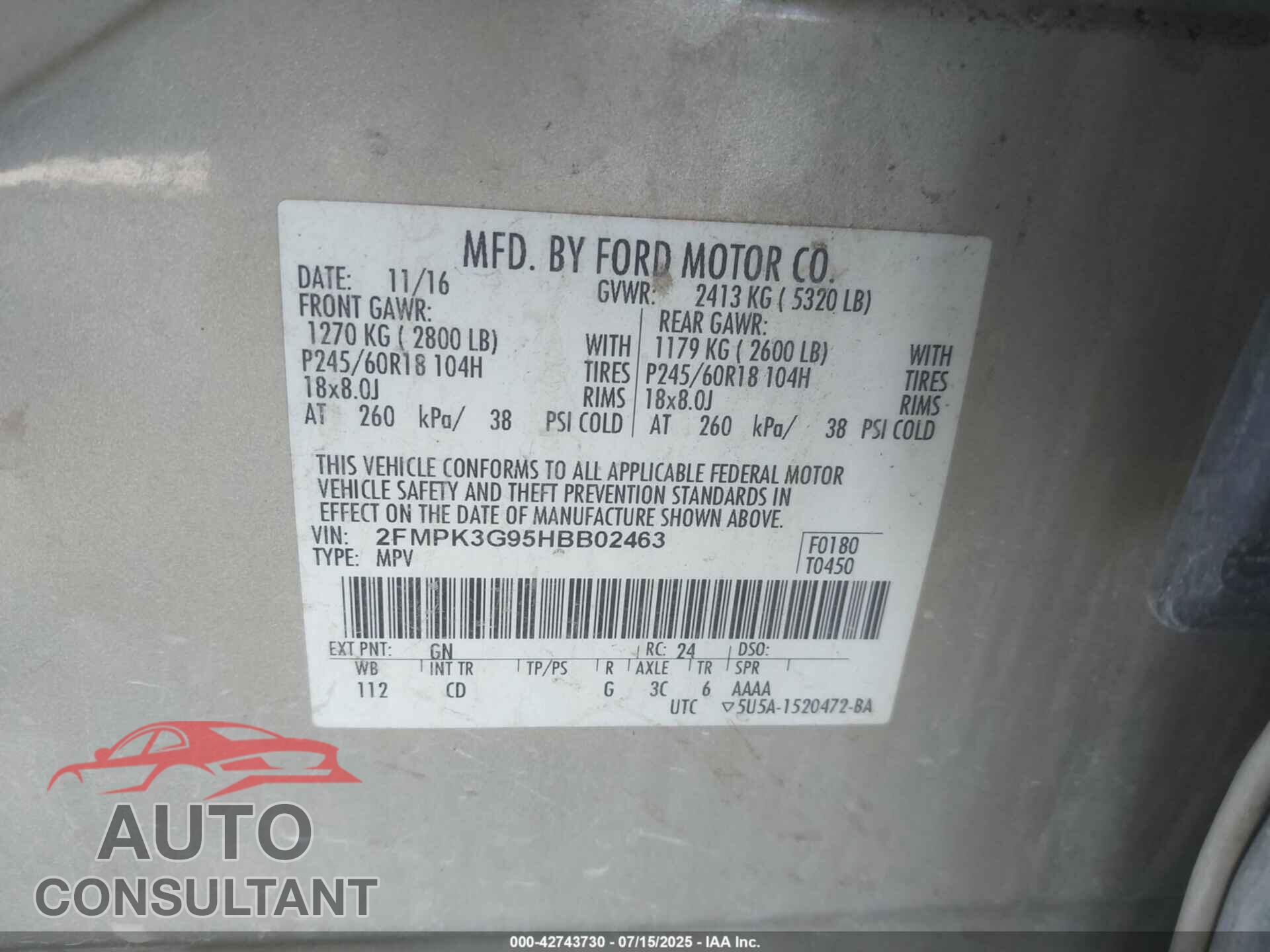FORD EDGE 2017 - 2FMPK3G95HBB02463