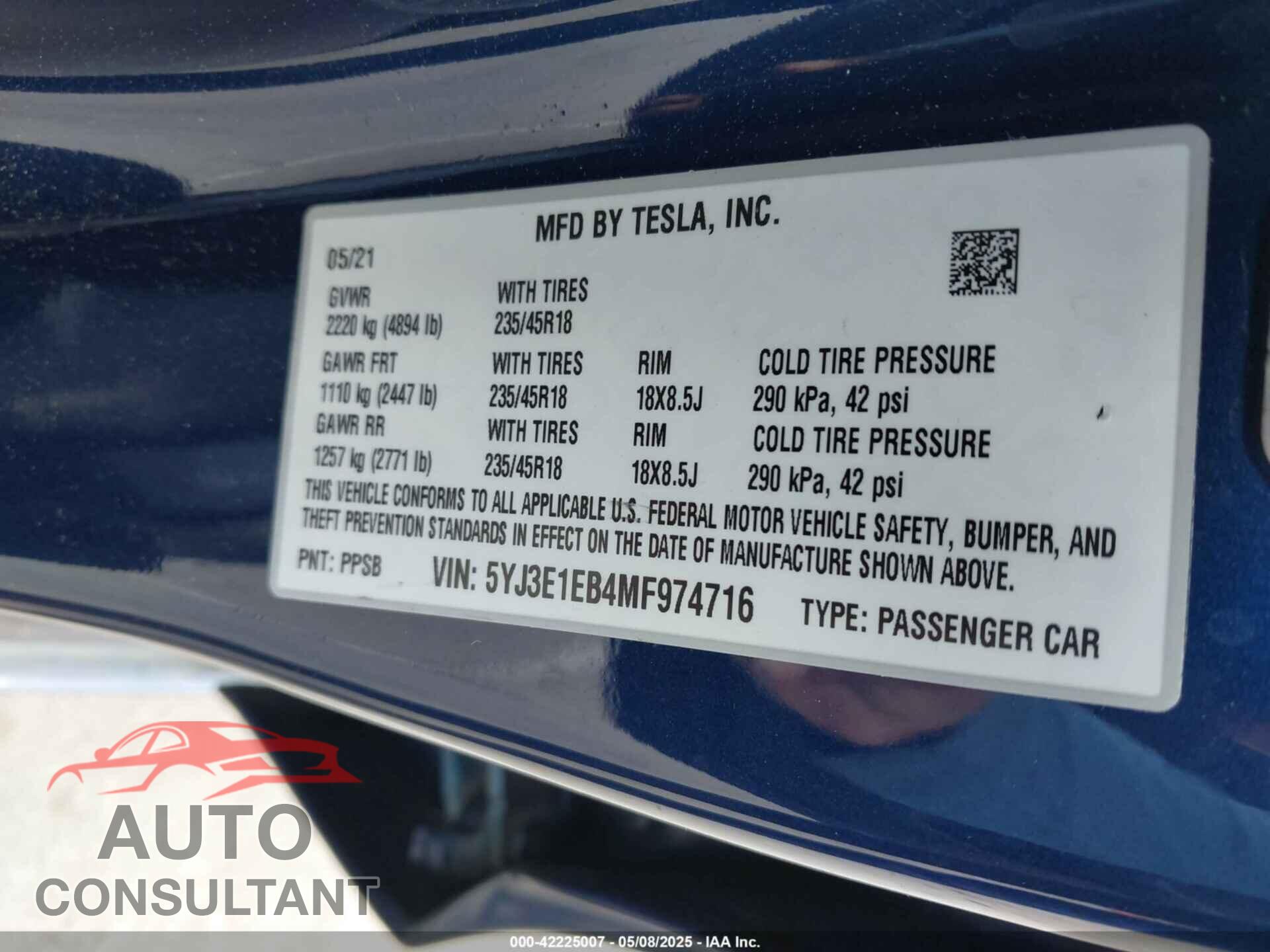 TESLA MODEL 3 2021 - 5YJ3E1EB4MF974716