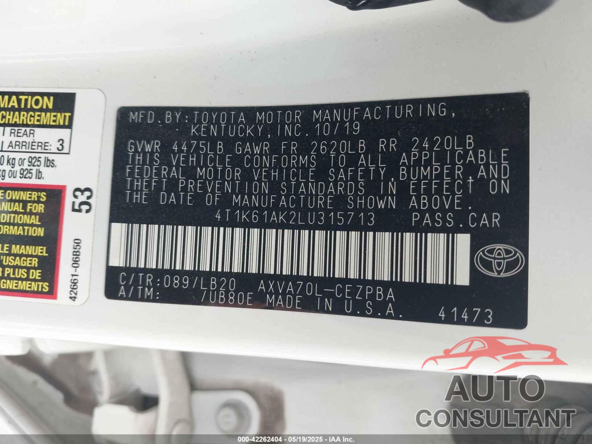 TOYOTA CAMRY 2020 - 4T1K61AK2LU315713