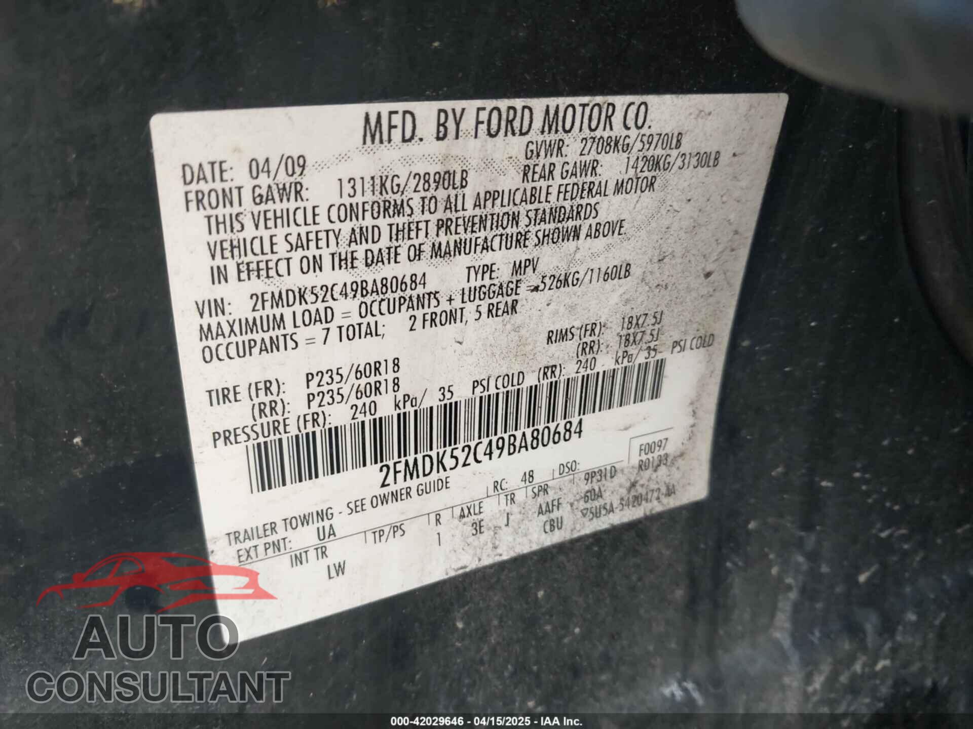 FORD FLEX 2009 - 2FMDK52C49BA80684