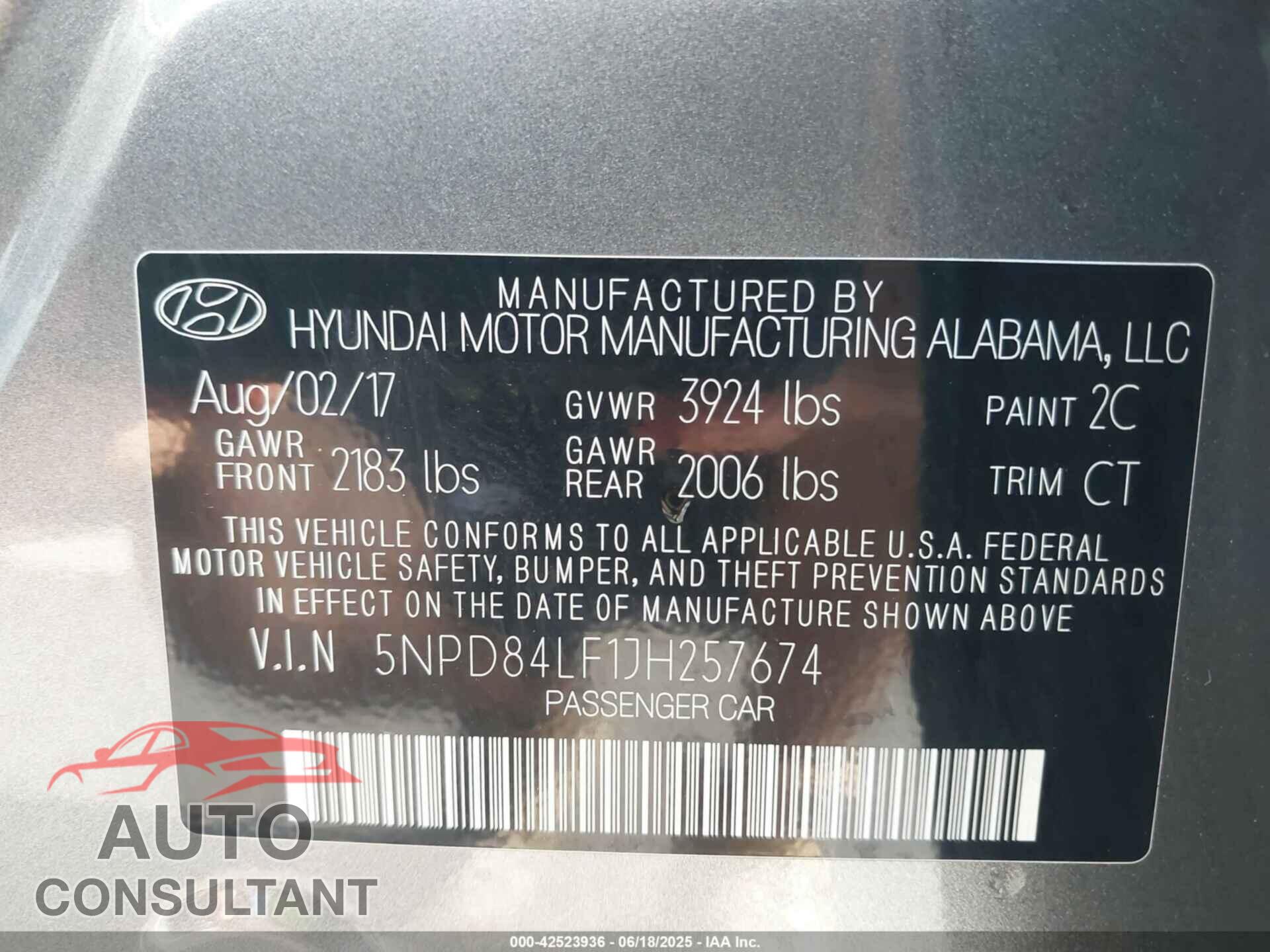 HYUNDAI ELANTRA 2018 - 5NPD84LF1JH257674