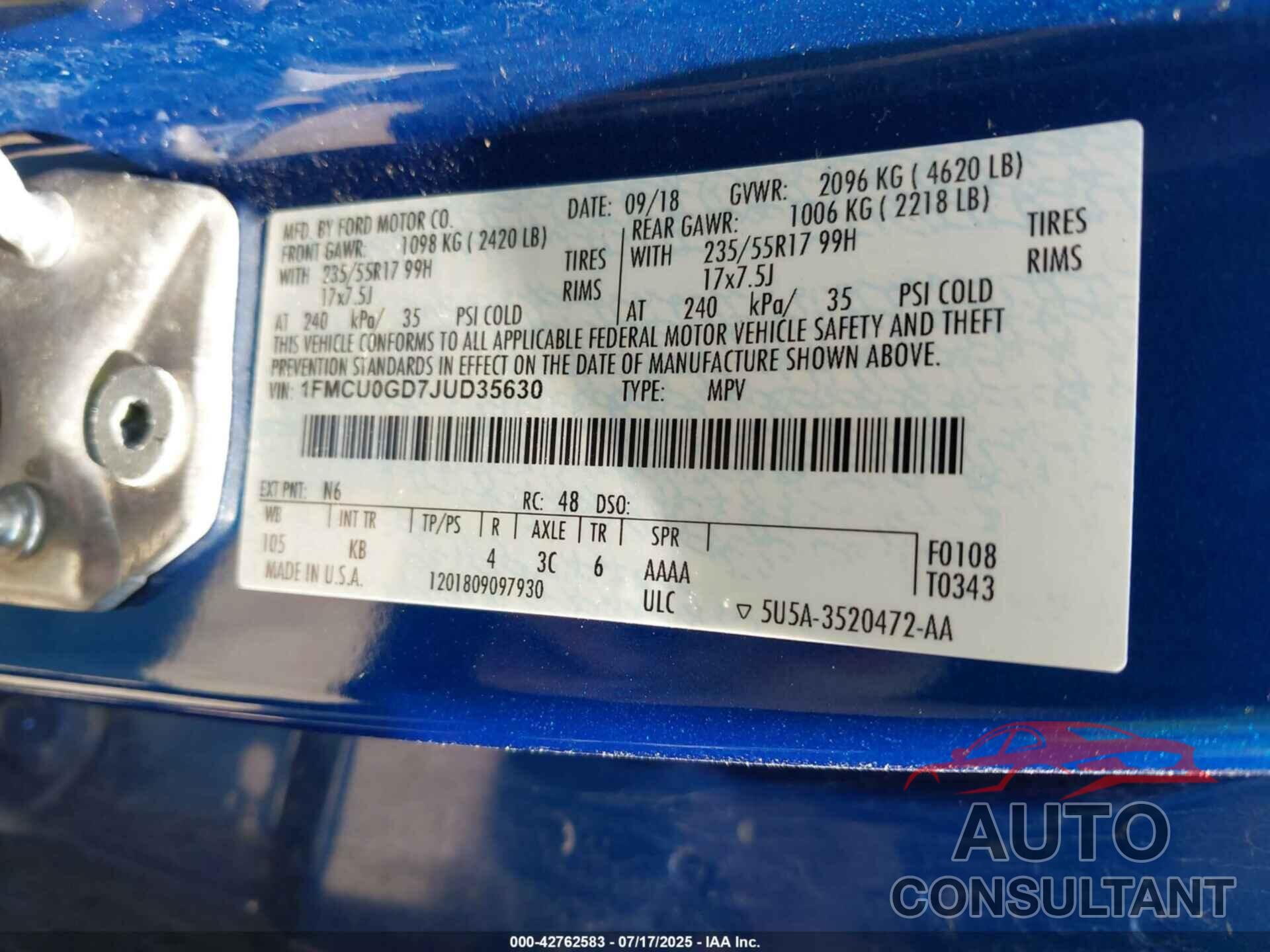 FORD ESCAPE 2018 - 1FMCU0GD7JUD35630