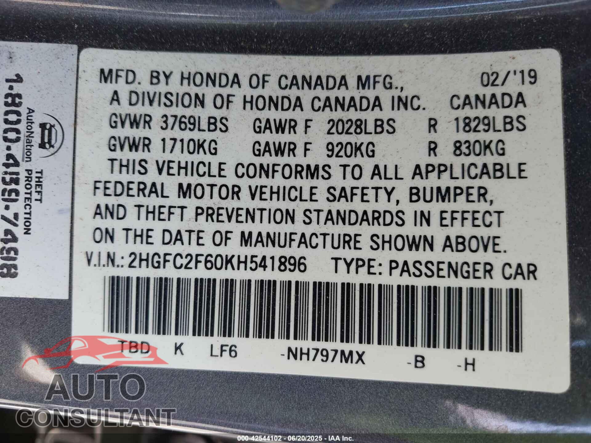 HONDA CIVIC 2019 - 2HGFC2F60KH541896