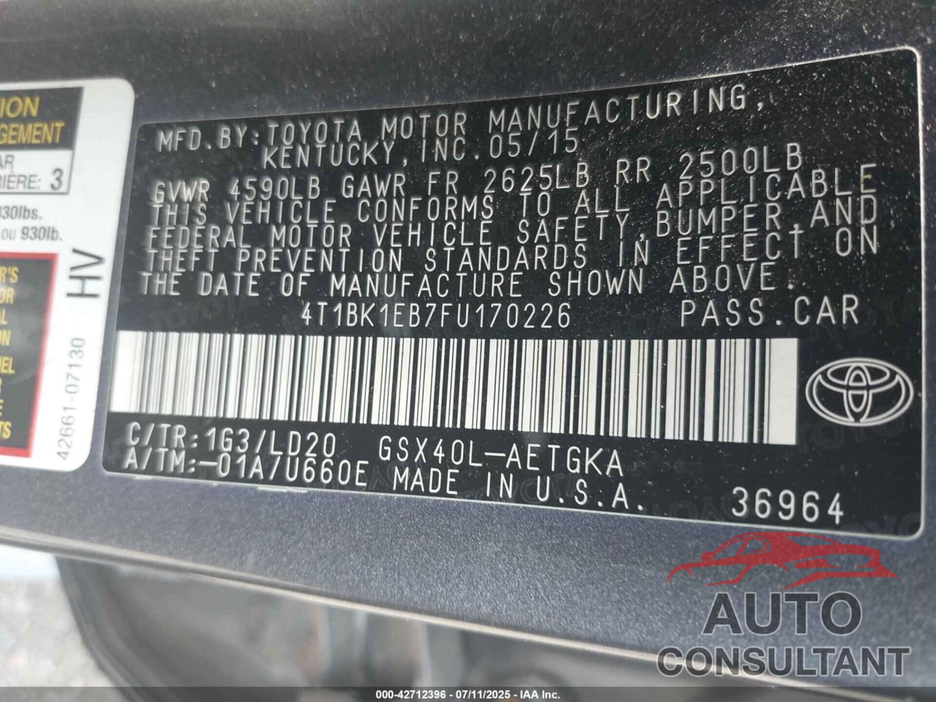 TOYOTA AVALON 2015 - 4T1BK1EB7FU170226