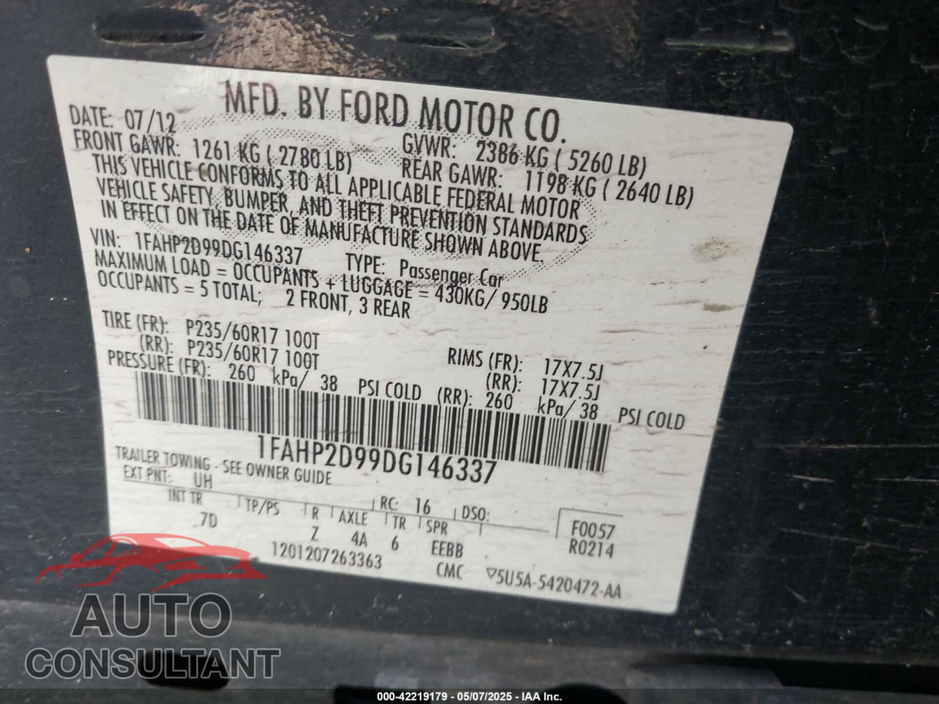 FORD TAURUS 2013 - 1FAHP2D99DG146337