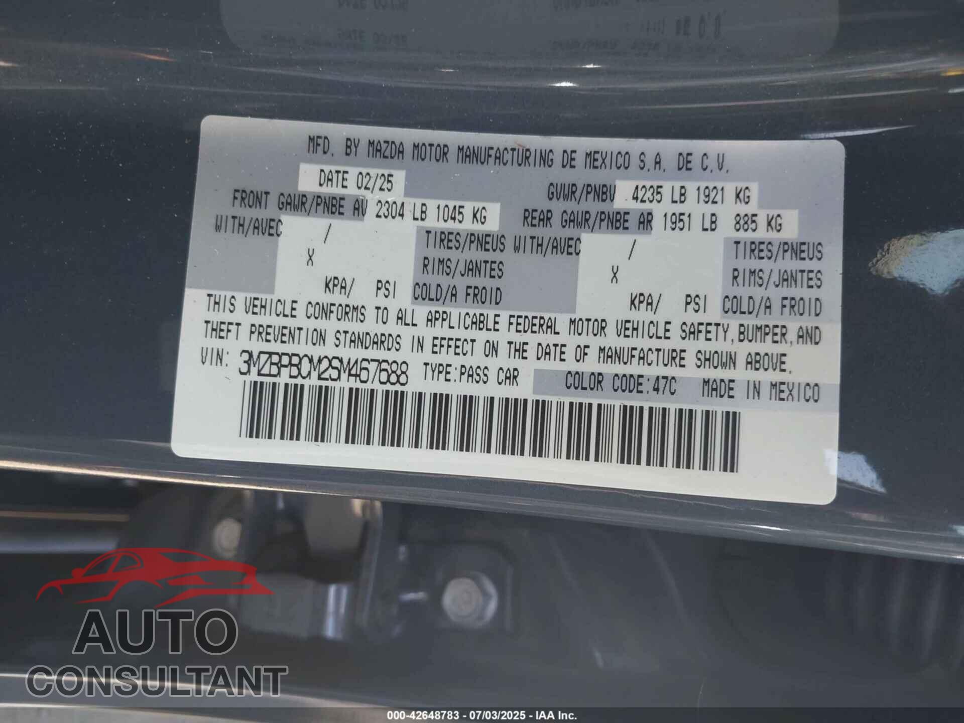 MAZDA MAZDA3 2025 - 3MZBPBCM2SM467688