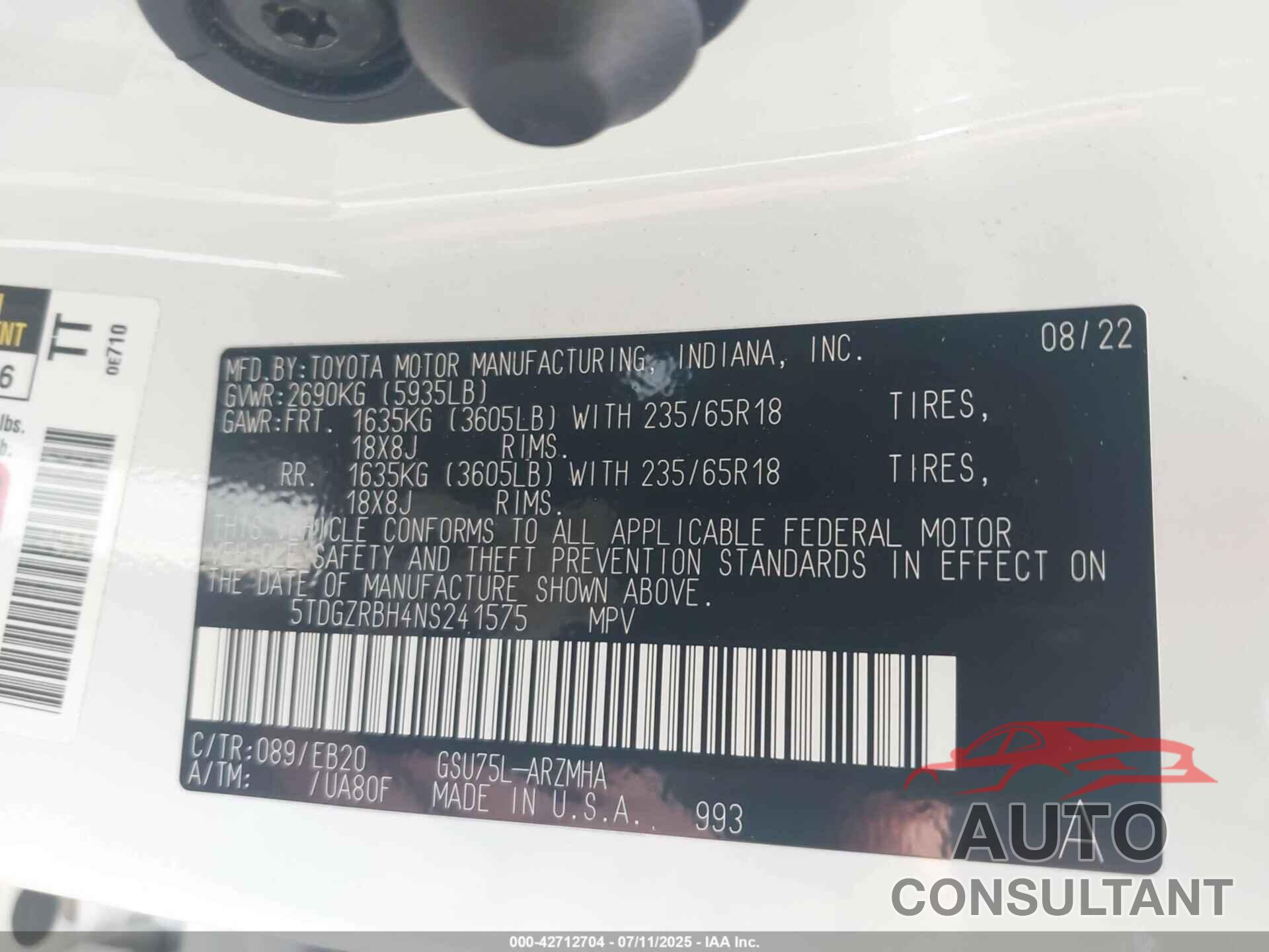 TOYOTA HIGHLANDER 2022 - 5TDGZRBH4NS241575
